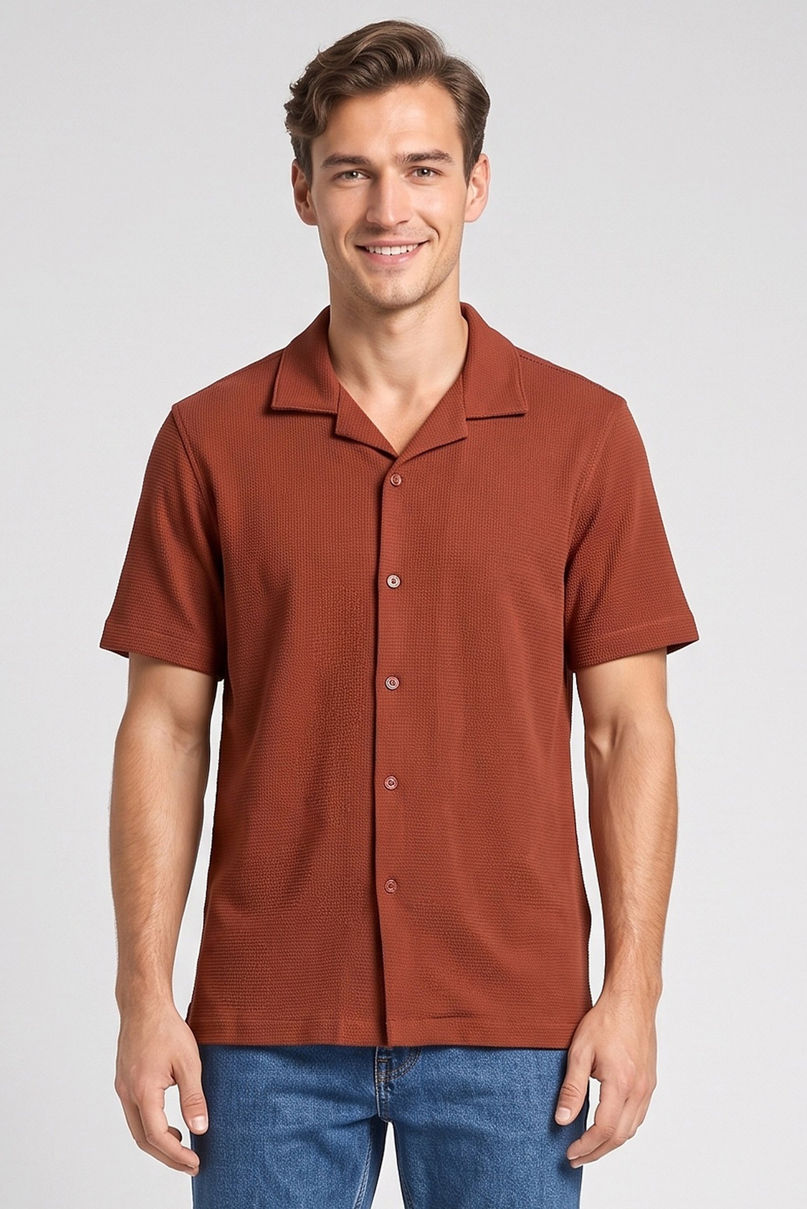 Men Regular Fit Solid Short Sleeve Casual Shirt, Rust