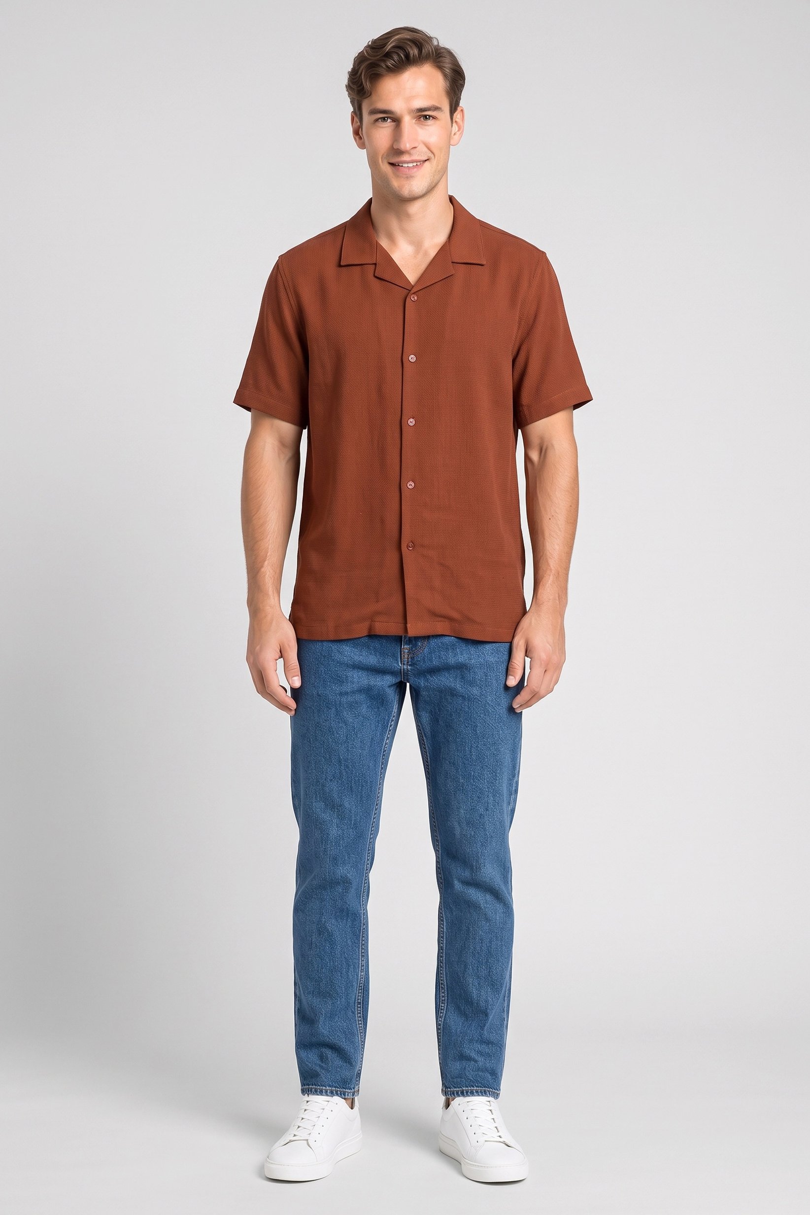 Men Regular Fit Short Sleeve Textured Casual Shirt, Rust