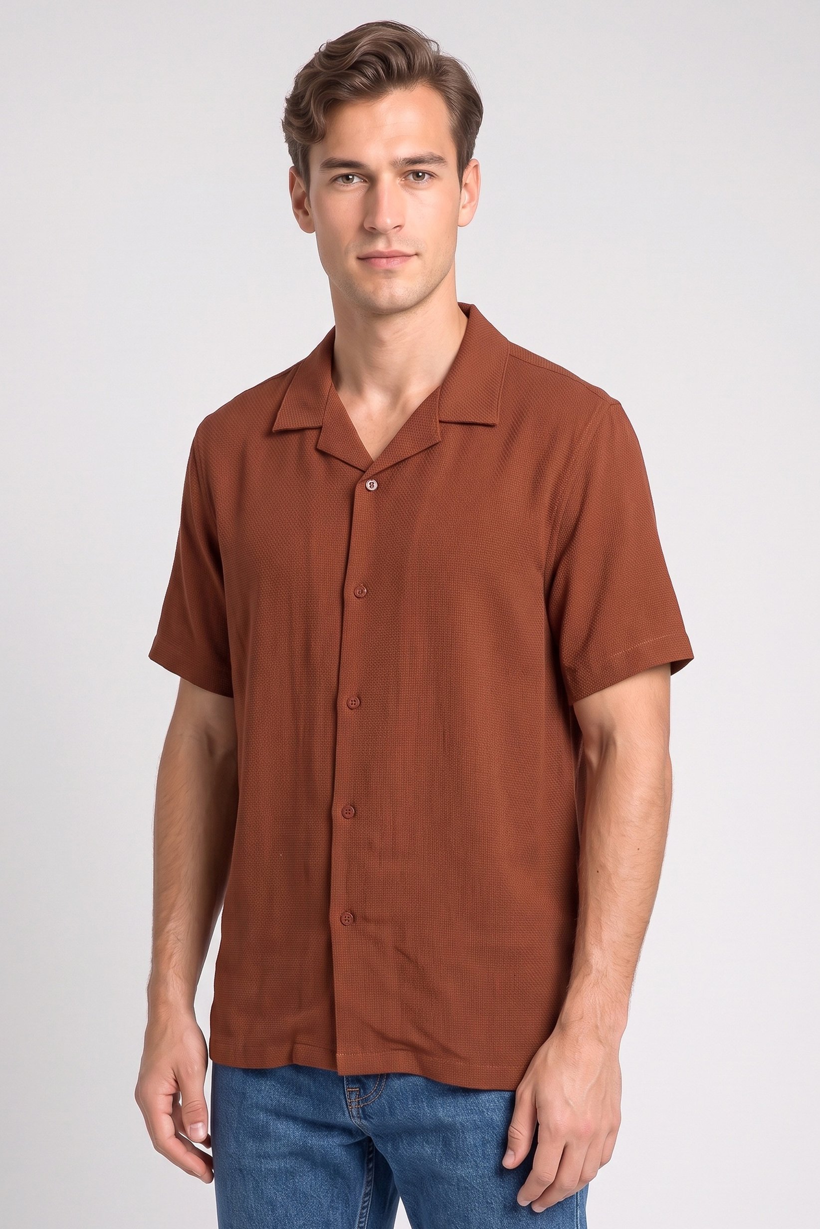 Men Regular Fit Short Sleeve Textured Casual Shirt, Rust