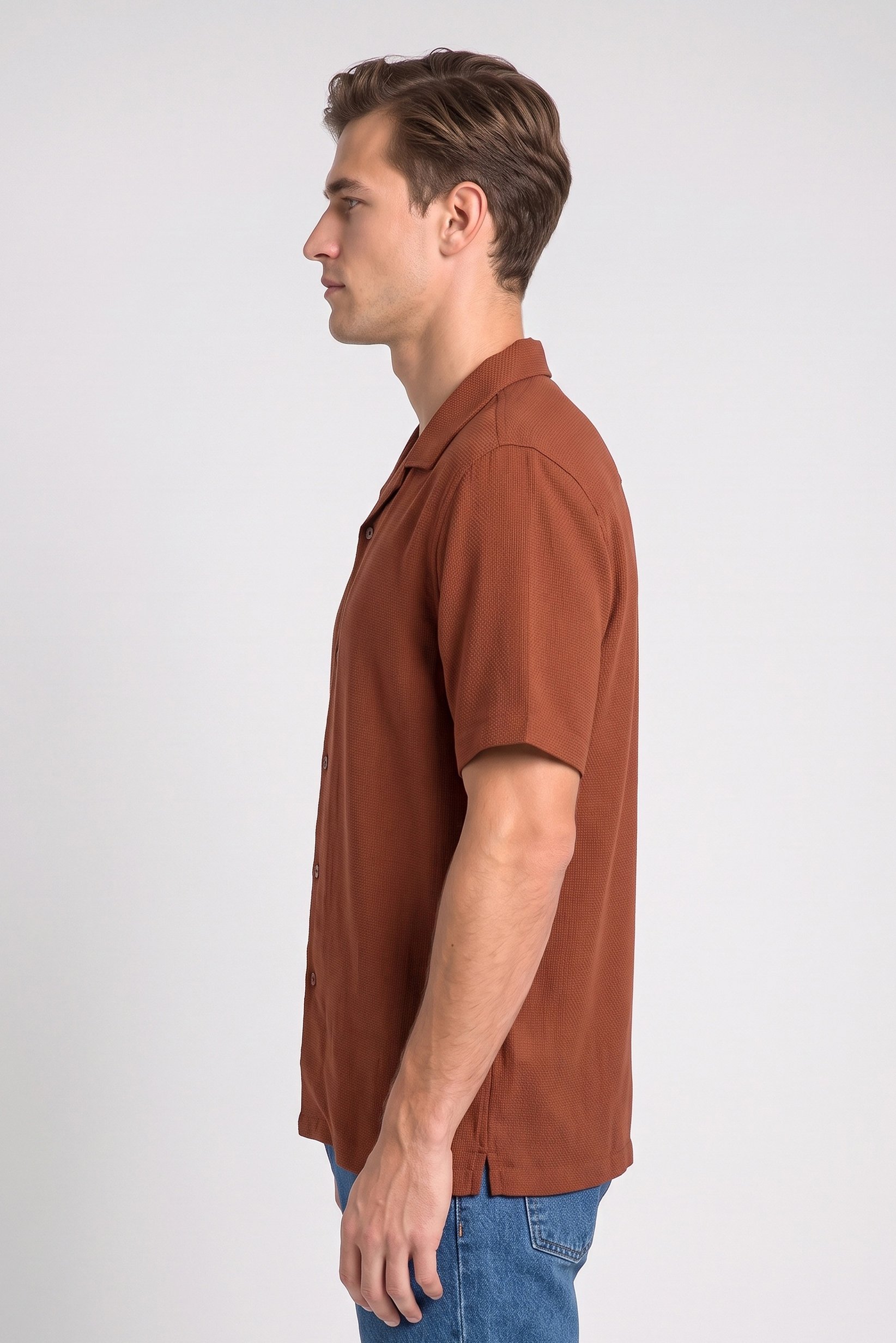 Men Regular Fit Short Sleeve Textured Casual Shirt, Rust