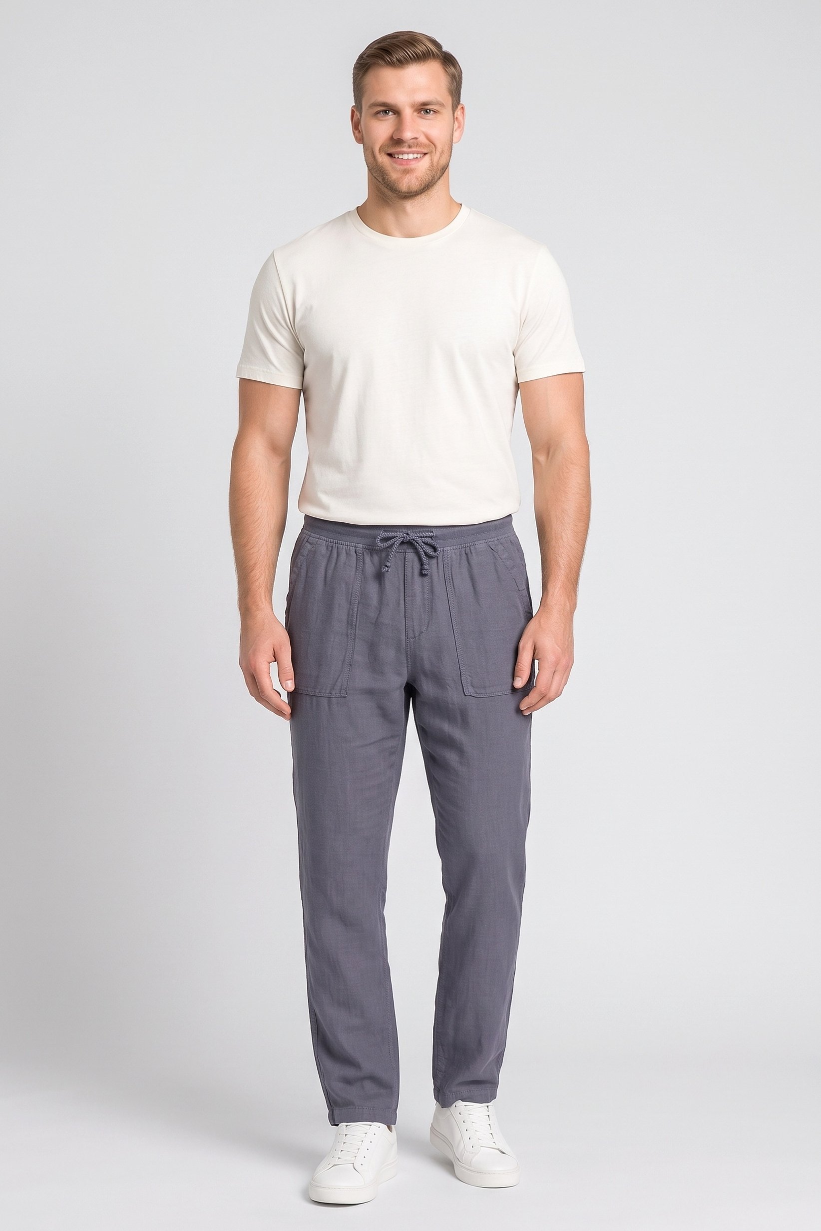 Men Comfort Fit Plain Straight Leg Pants, Slate Blue