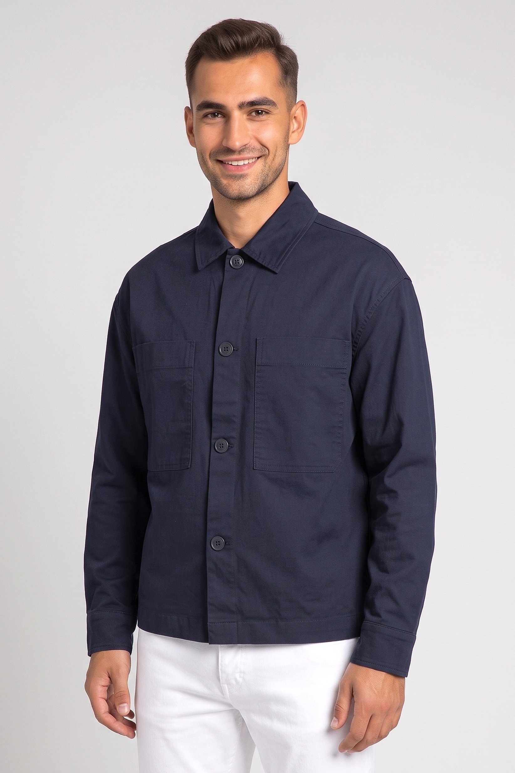 Men Regular Fit Plain Long Sleeve Casual Shirt, Navy Blue
