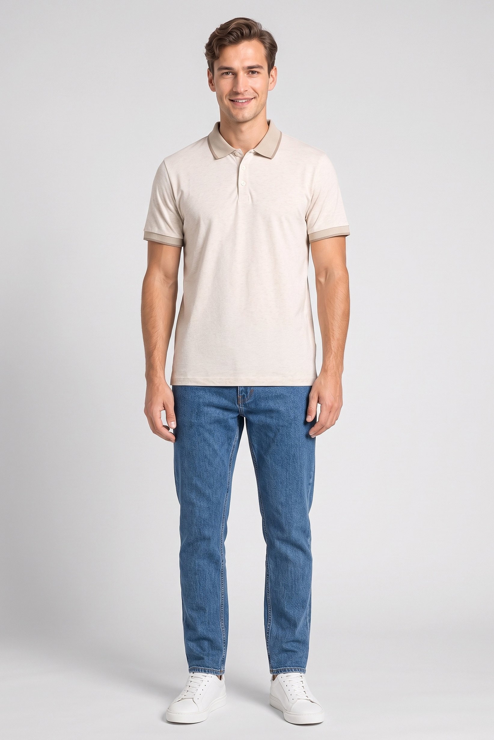 Men Regular Fit Short Sleeve Heather Polo Shirt, Beige