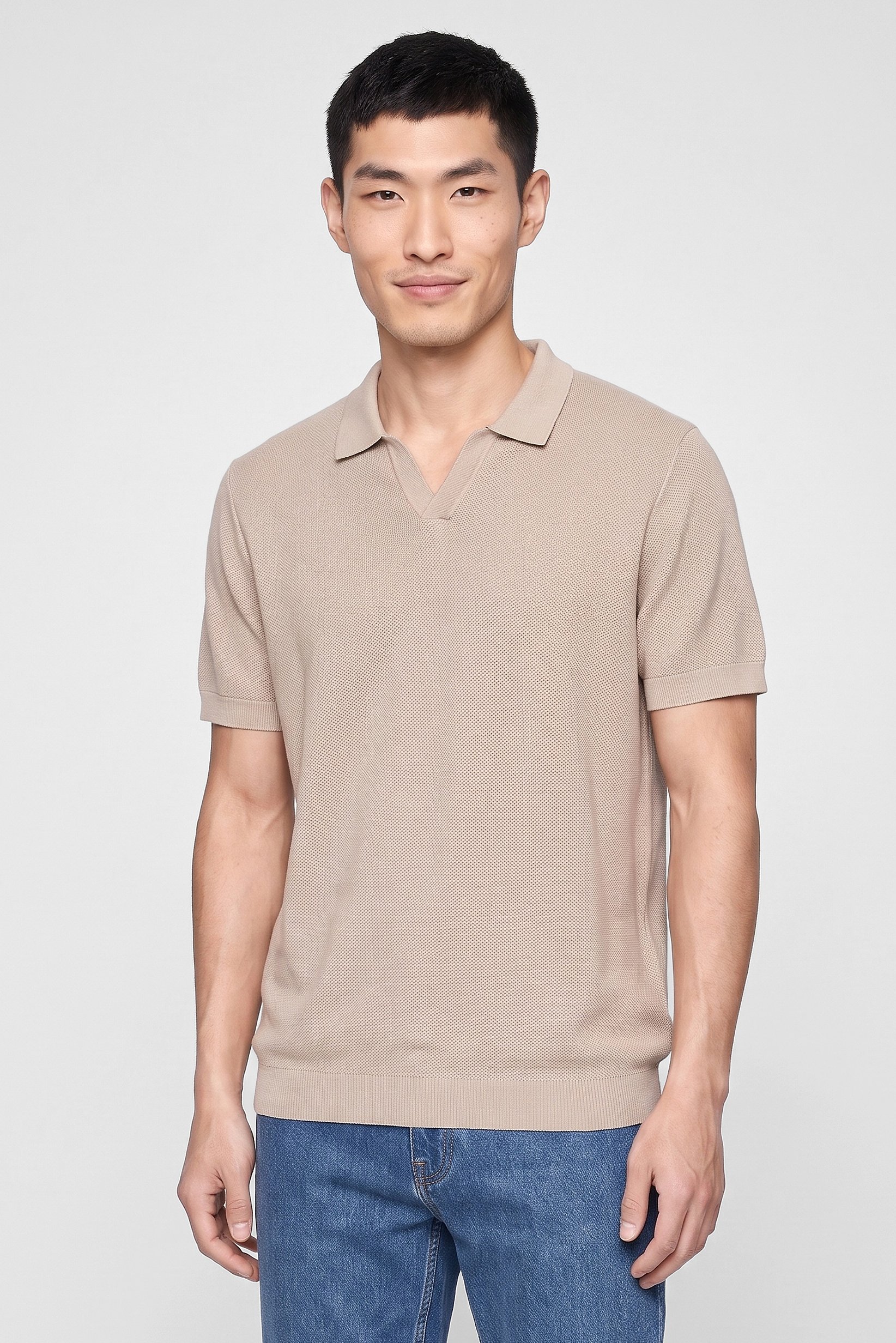 Men Regular Fit Textured Short Sleeve Polo Shirt, Beige