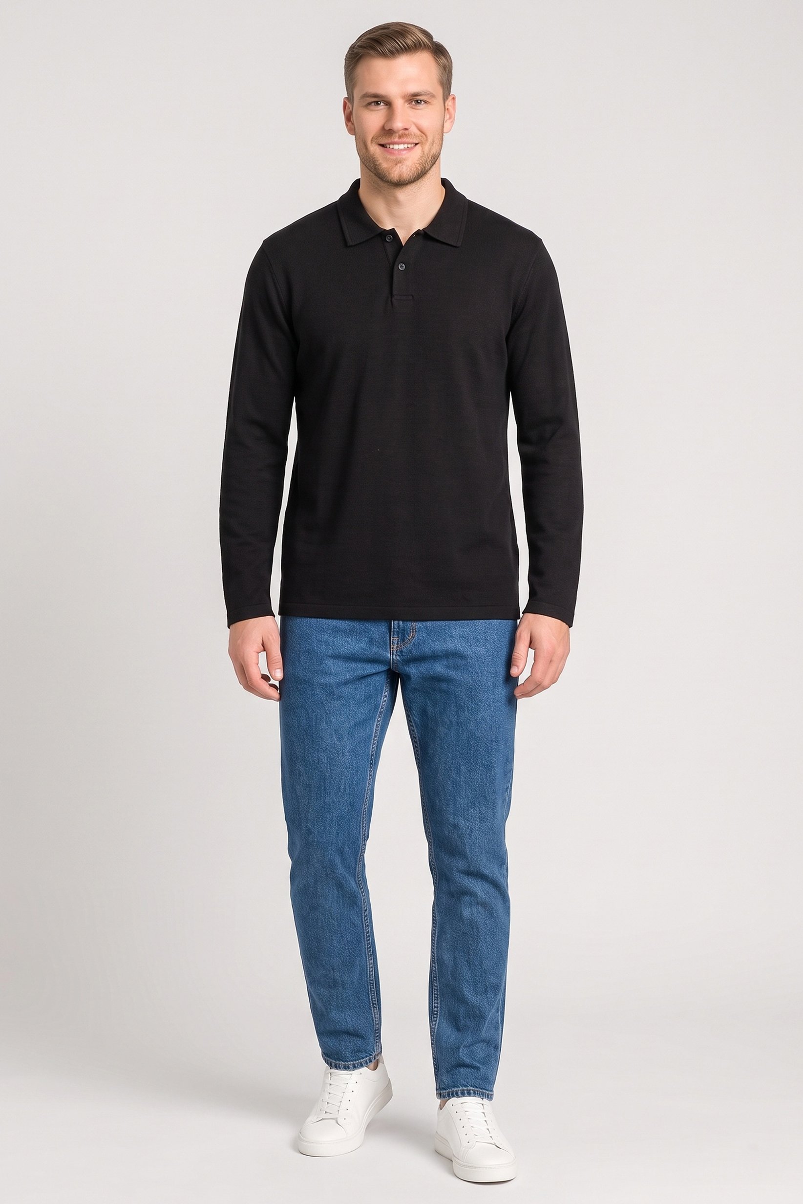 Men Regular Fit Long Sleeve Textured Polo Shirt, Black
