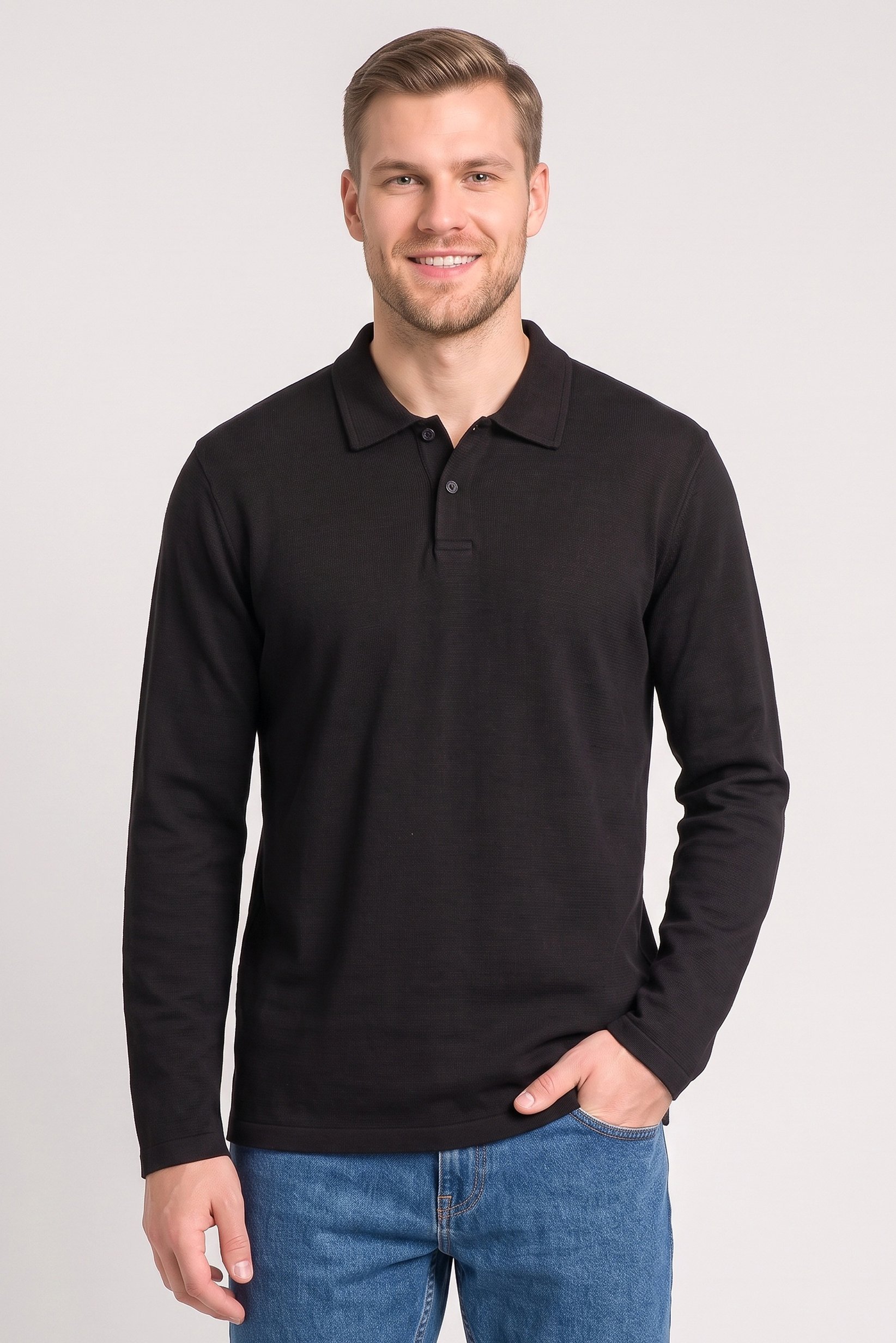 Men Regular Fit Long Sleeve Textured Polo Shirt, Black