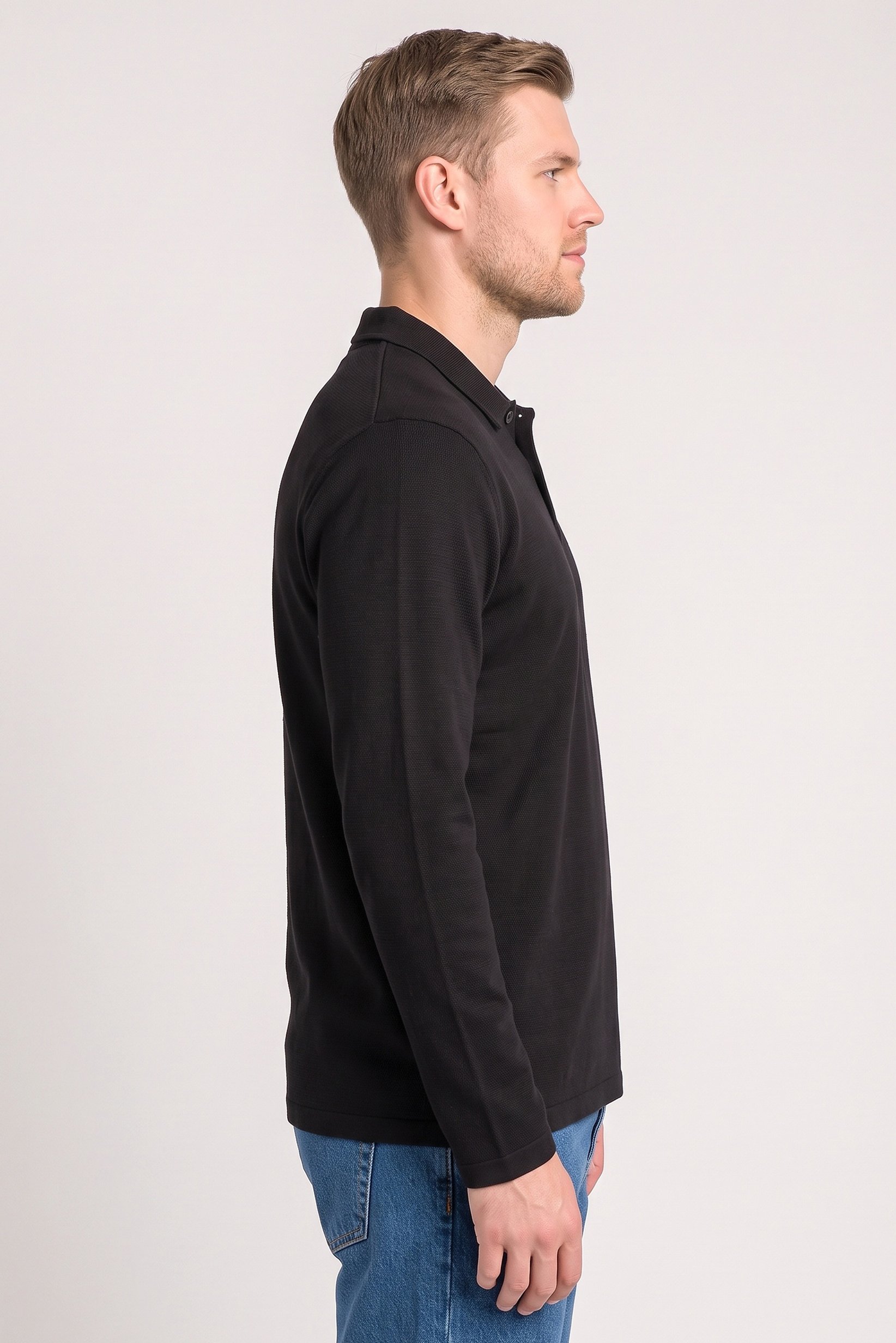 Men Regular Fit Long Sleeve Textured Polo Shirt, Black