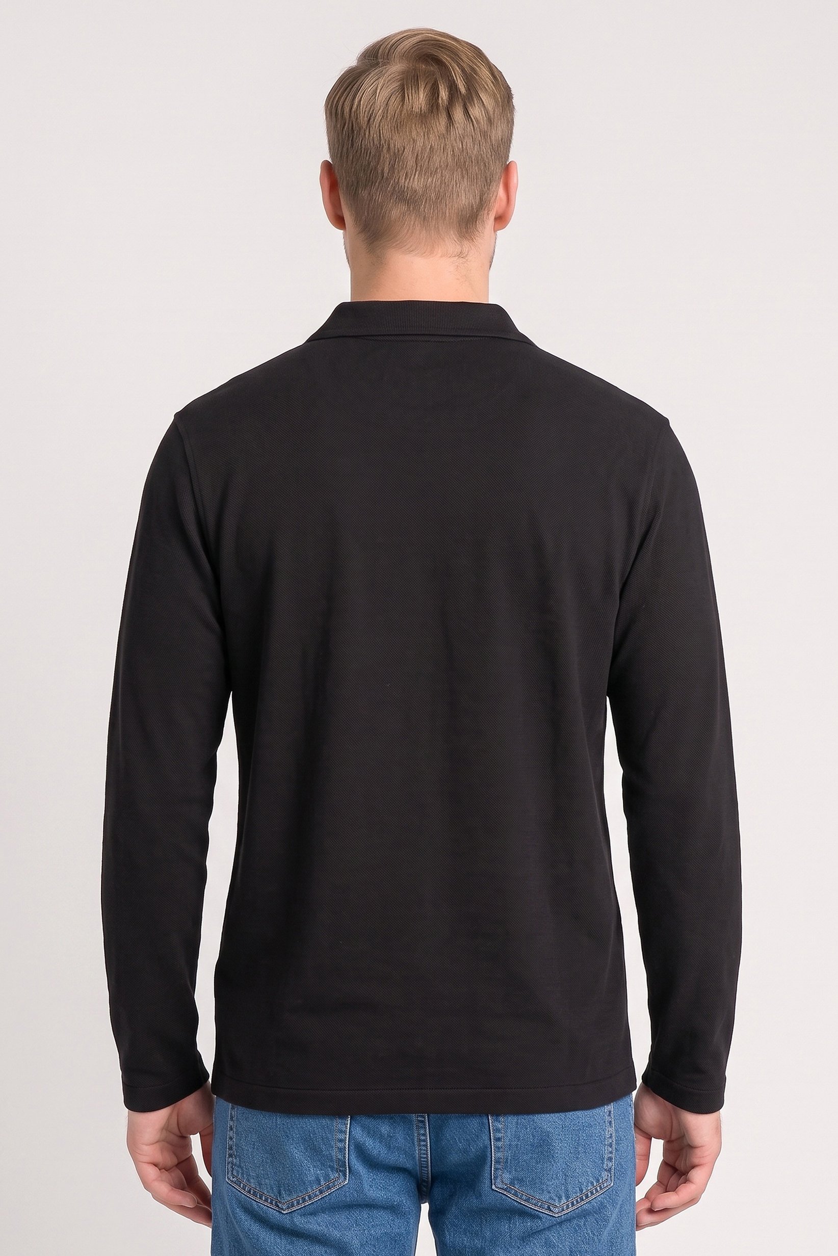 Men Regular Fit Long Sleeve Textured Polo Shirt, Black