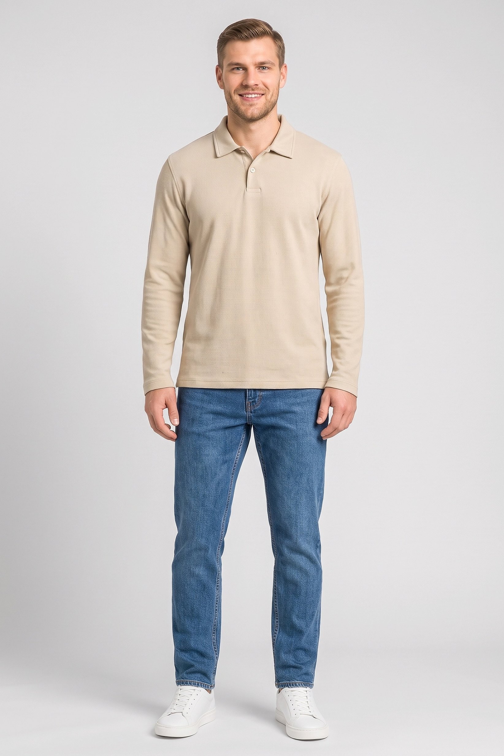 Men Regular Fit Long Sleeve Textured Polo Shirt, Beige