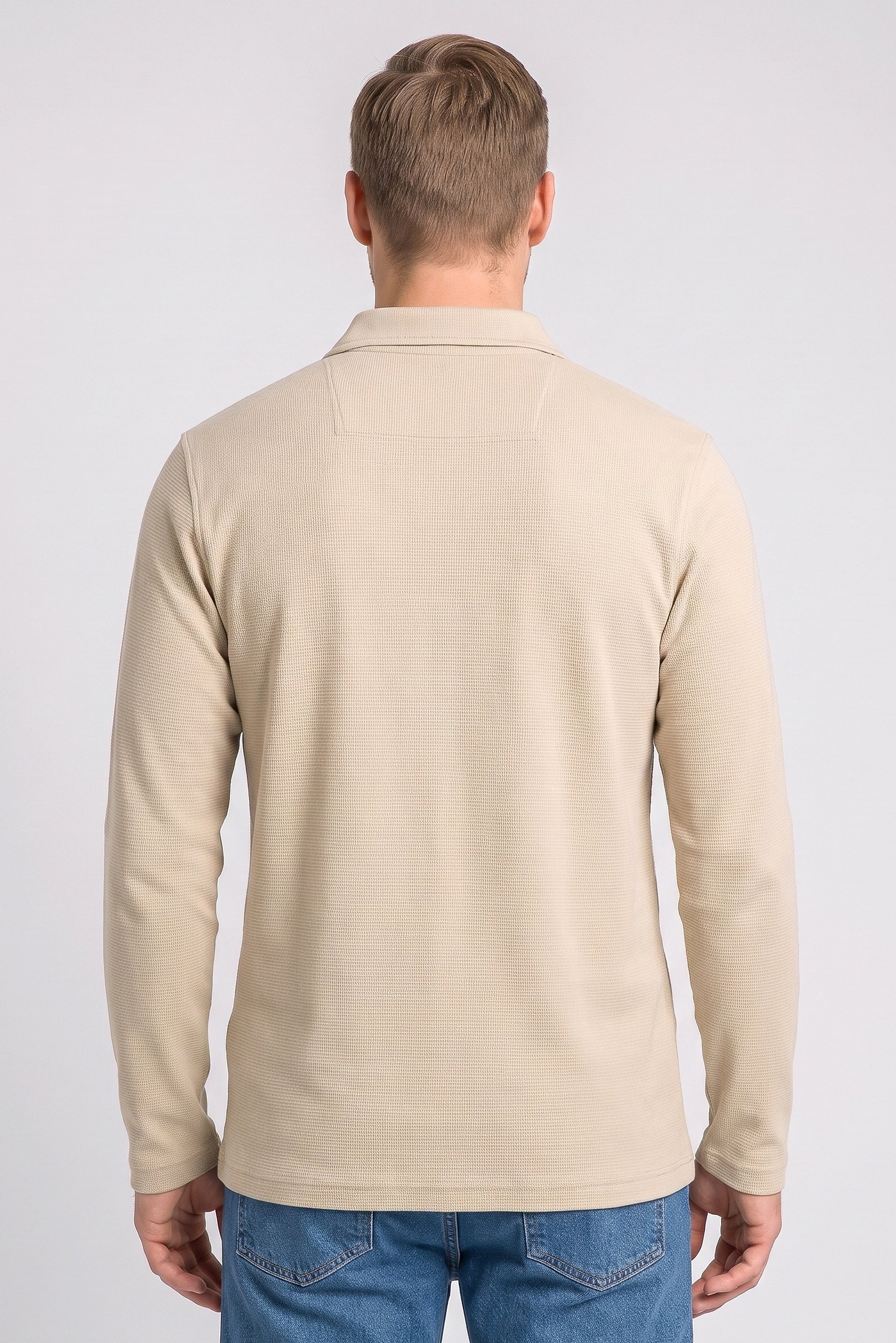 Men Regular Fit Long Sleeve Textured Polo Shirt, Beige