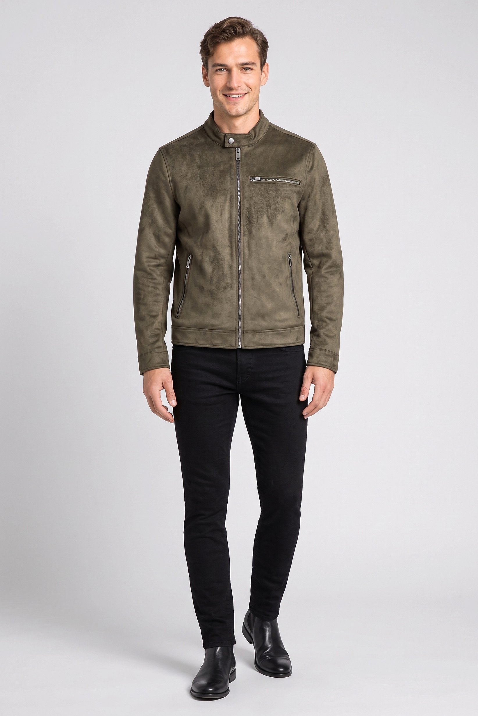 Men Solid Suede Chore Jacket, Dark Olive