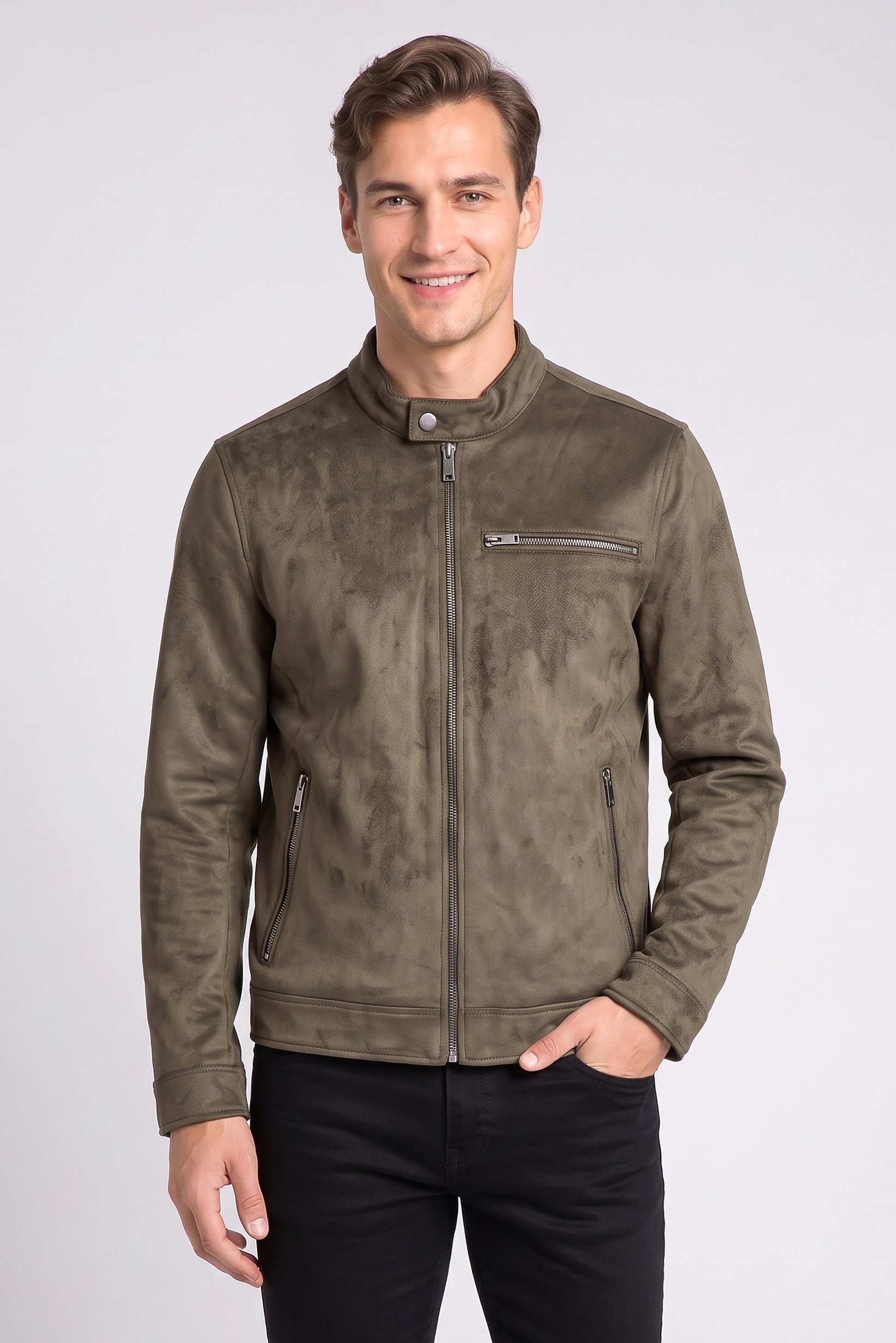 Men Solid Suede Chore Jacket, Dark Olive