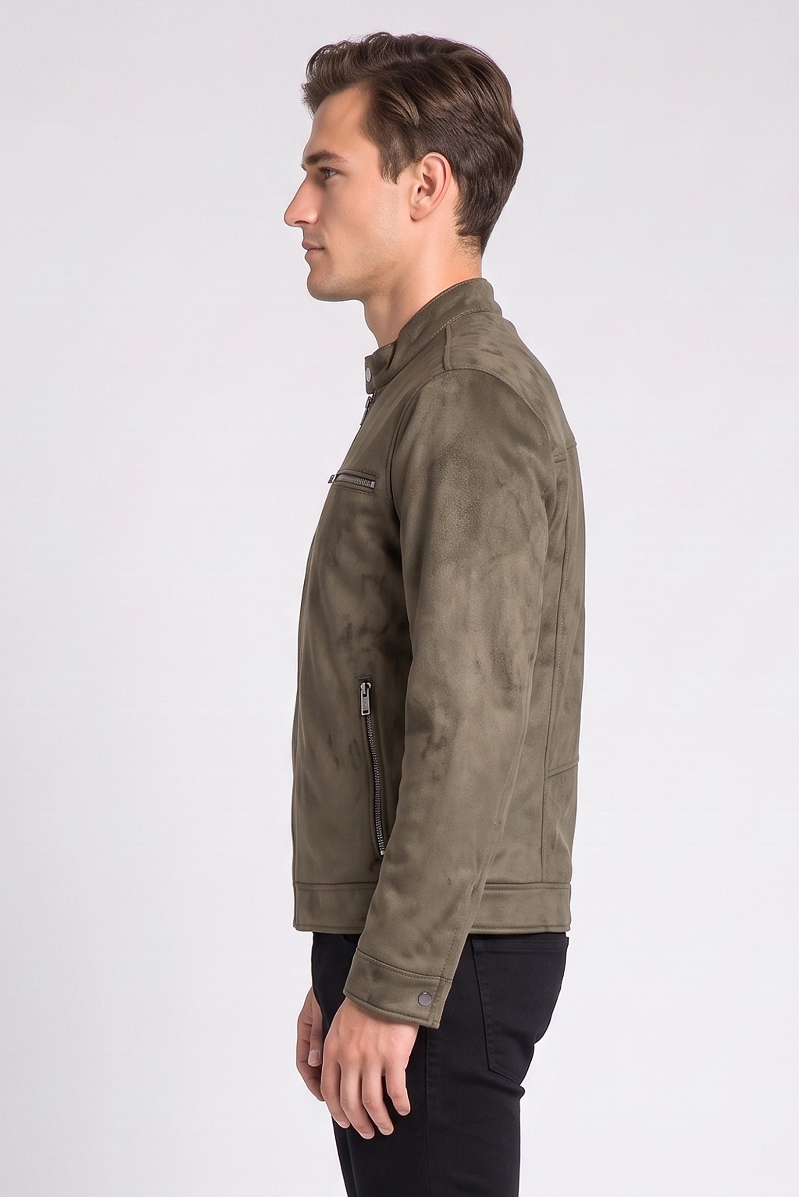 Men Solid Suede Chore Jacket, Dark Olive