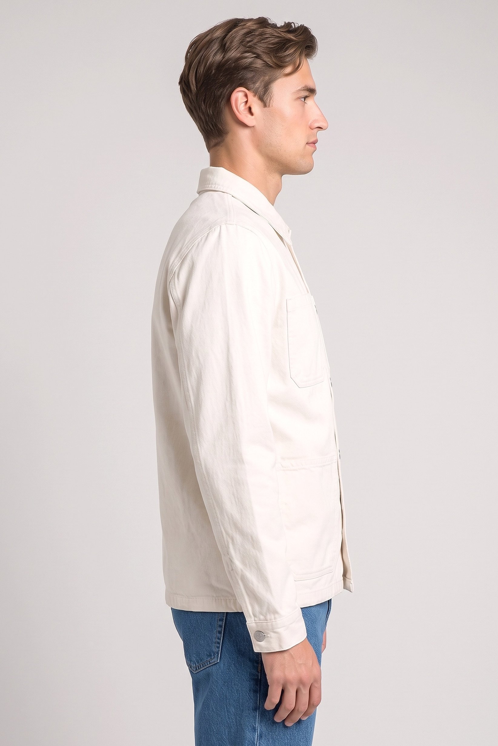 Men Plain Denim Jacket Shirt, Light Beige