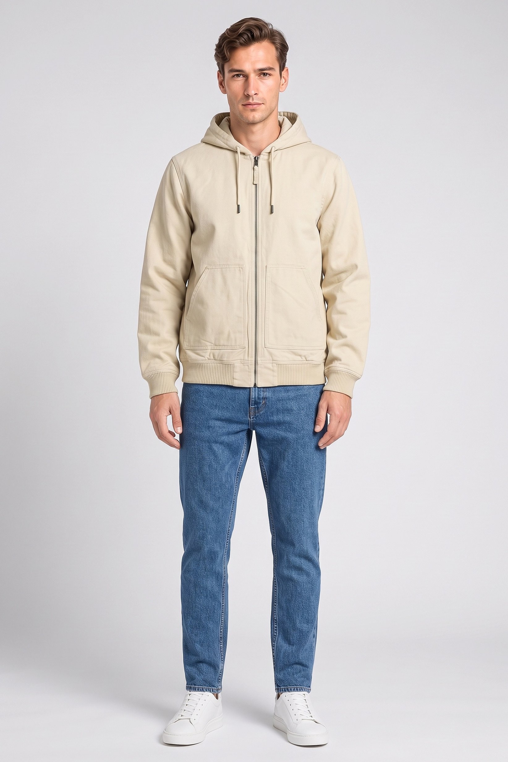 Men Solid Hooded Jacket, Beige