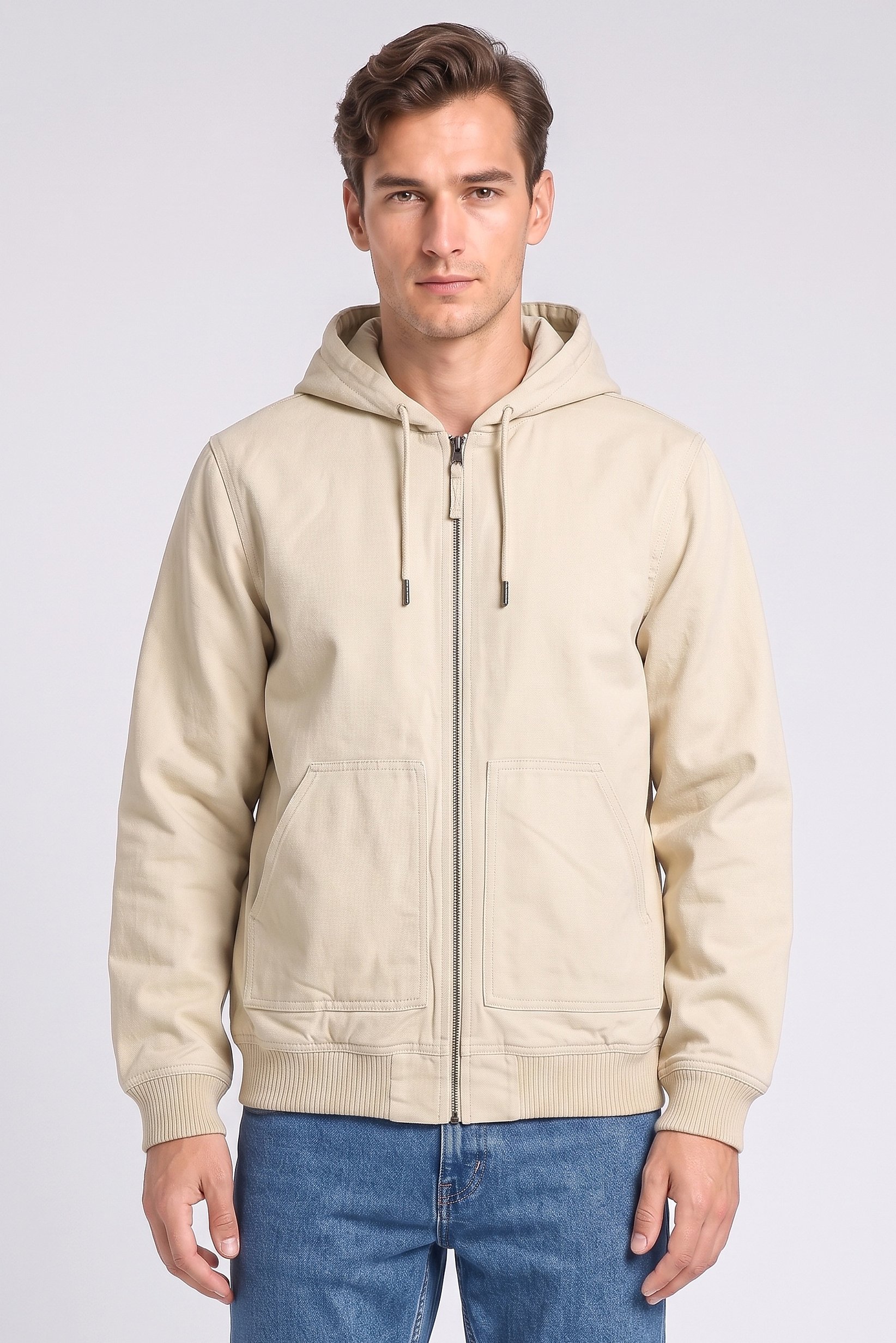 Men Solid Hooded Jacket, Beige
