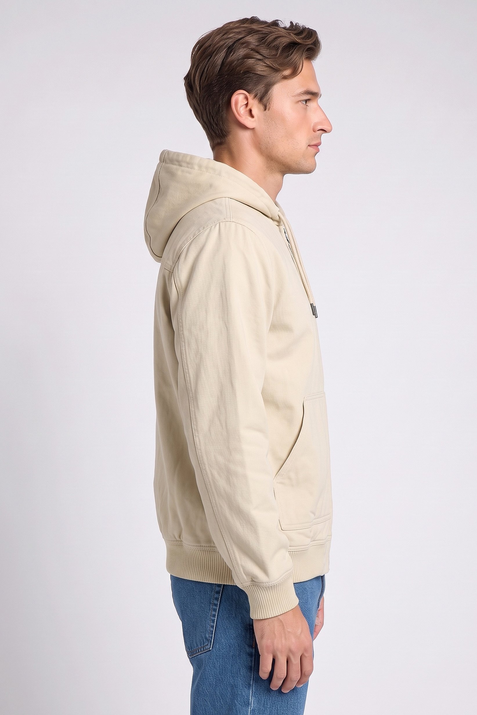 Men Solid Hooded Jacket, Beige