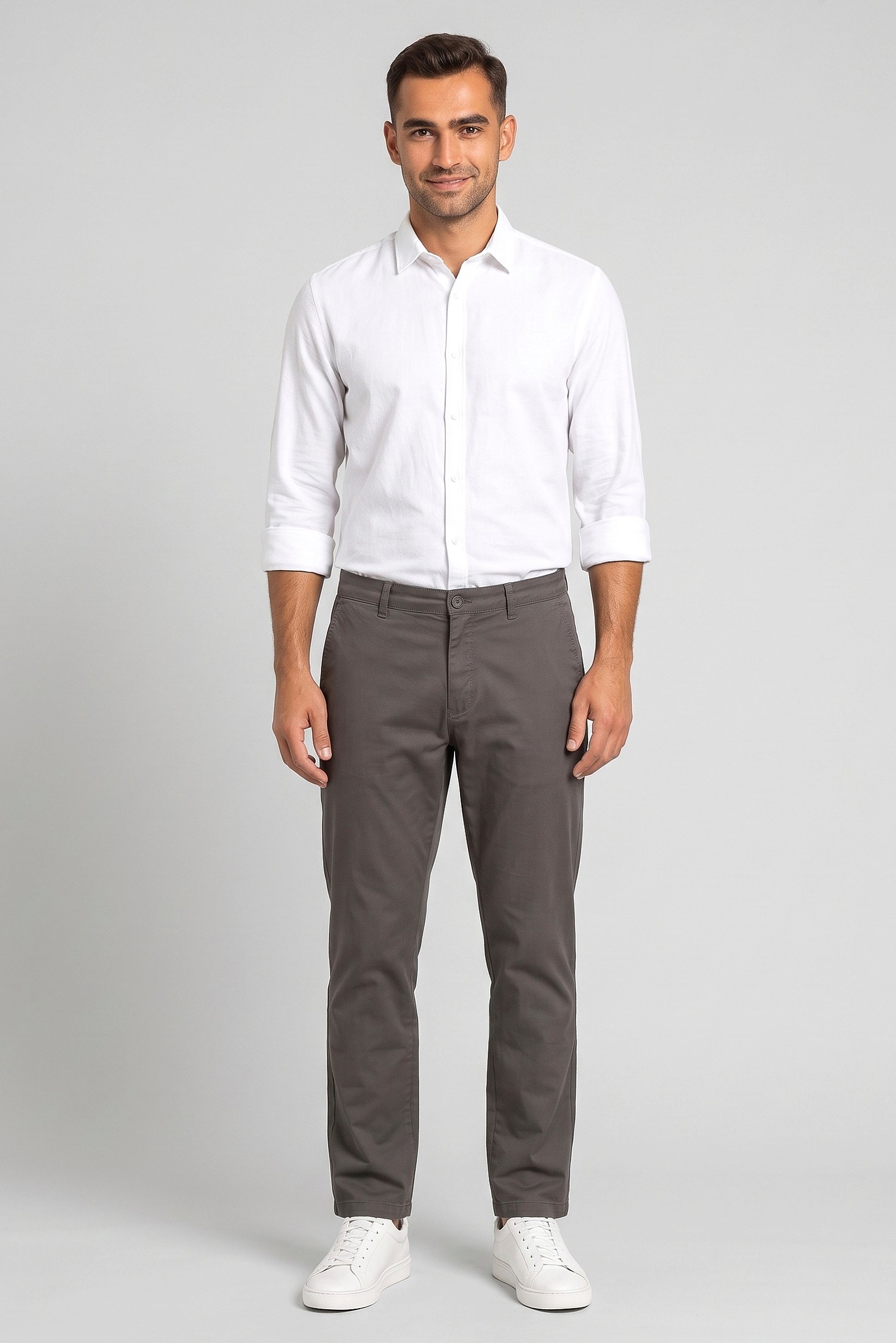 Men Straight Fit Solid Chino Pants, Dark Grey