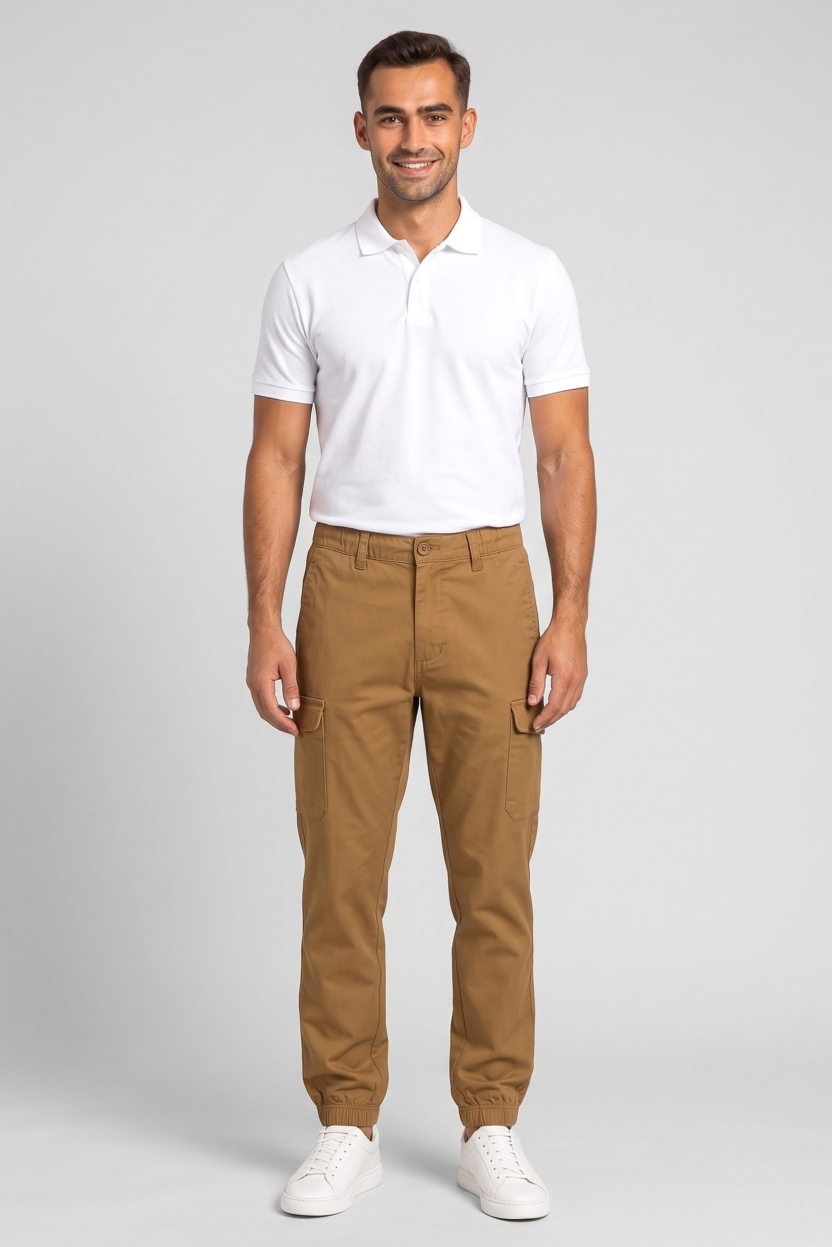 Men Straight Fit Solid Cargo Pants, Brown