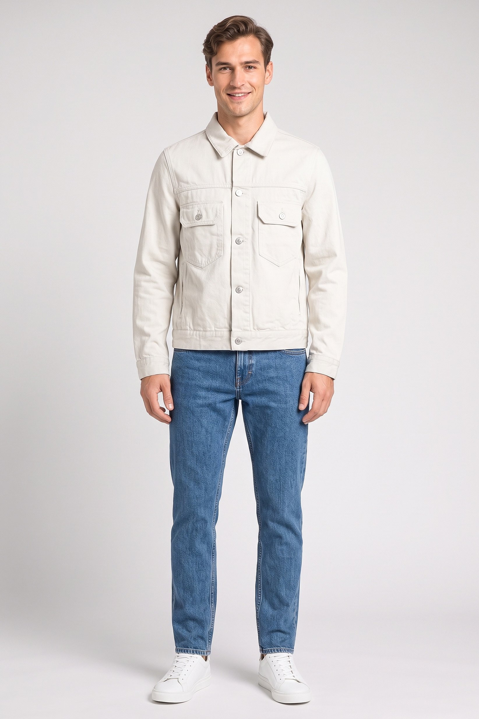 Men Plain Denim Jacket, Light Grey