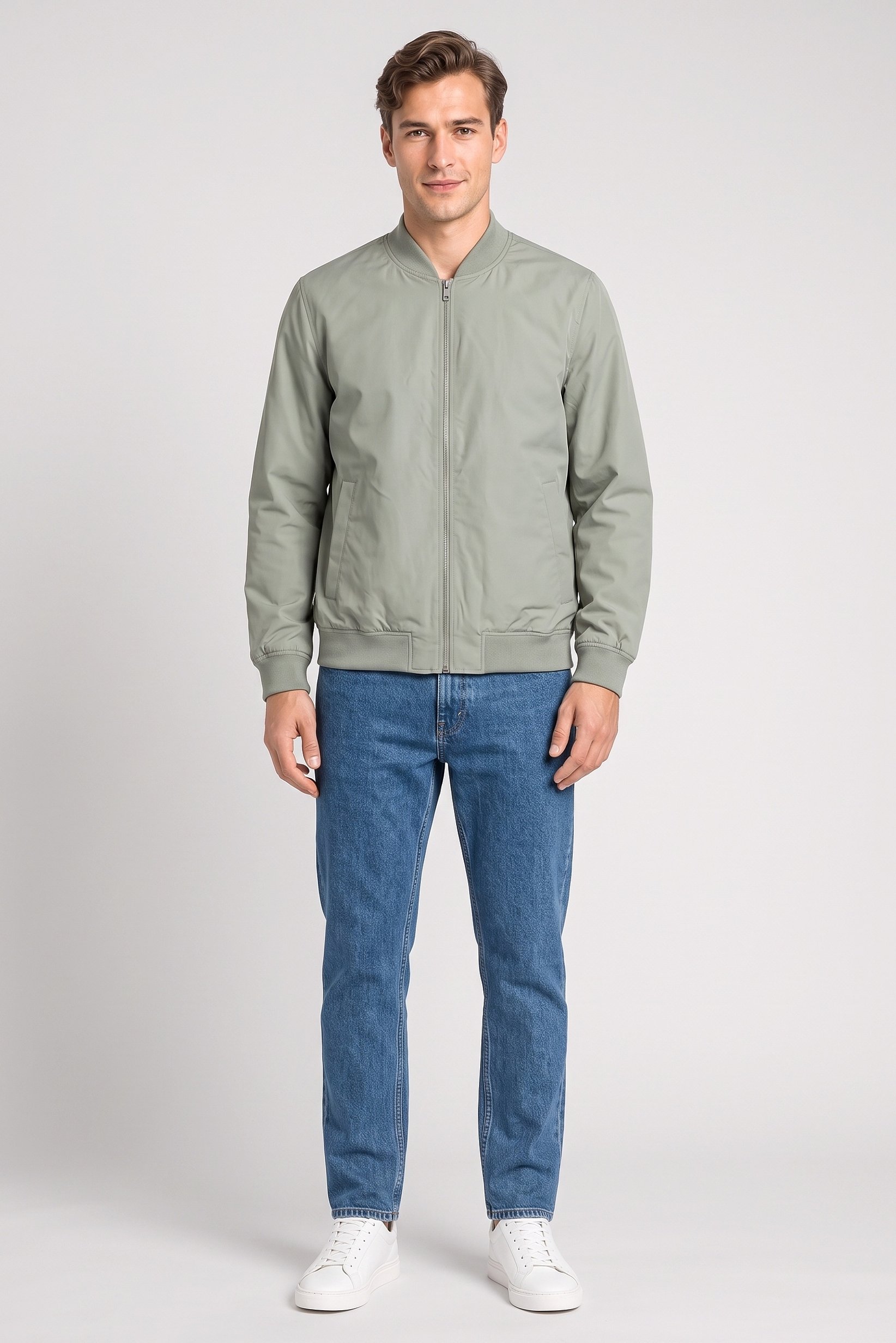 Men Solid Bomber Jacket, Light Green