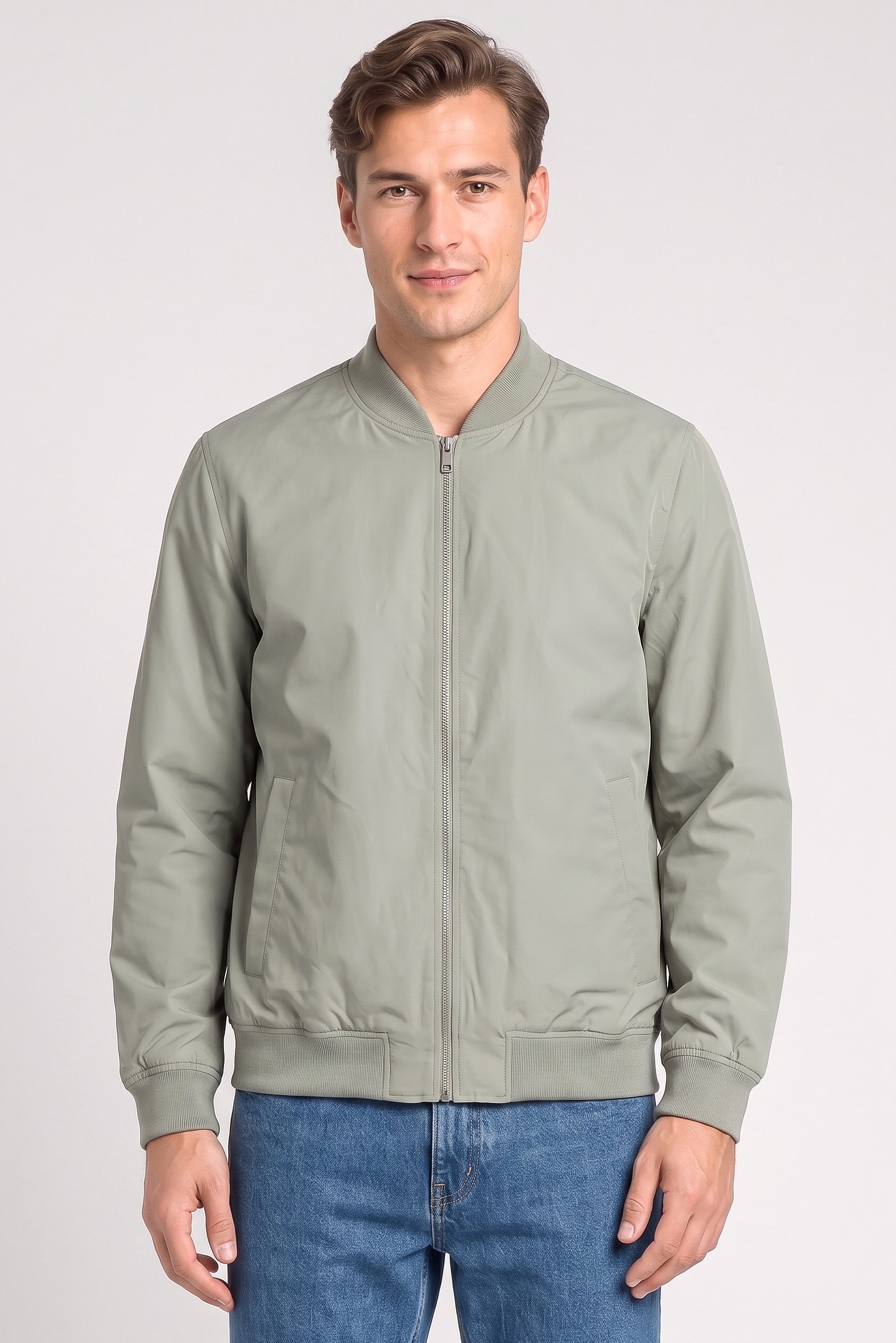 Men Solid Bomber Jacket, Light Green