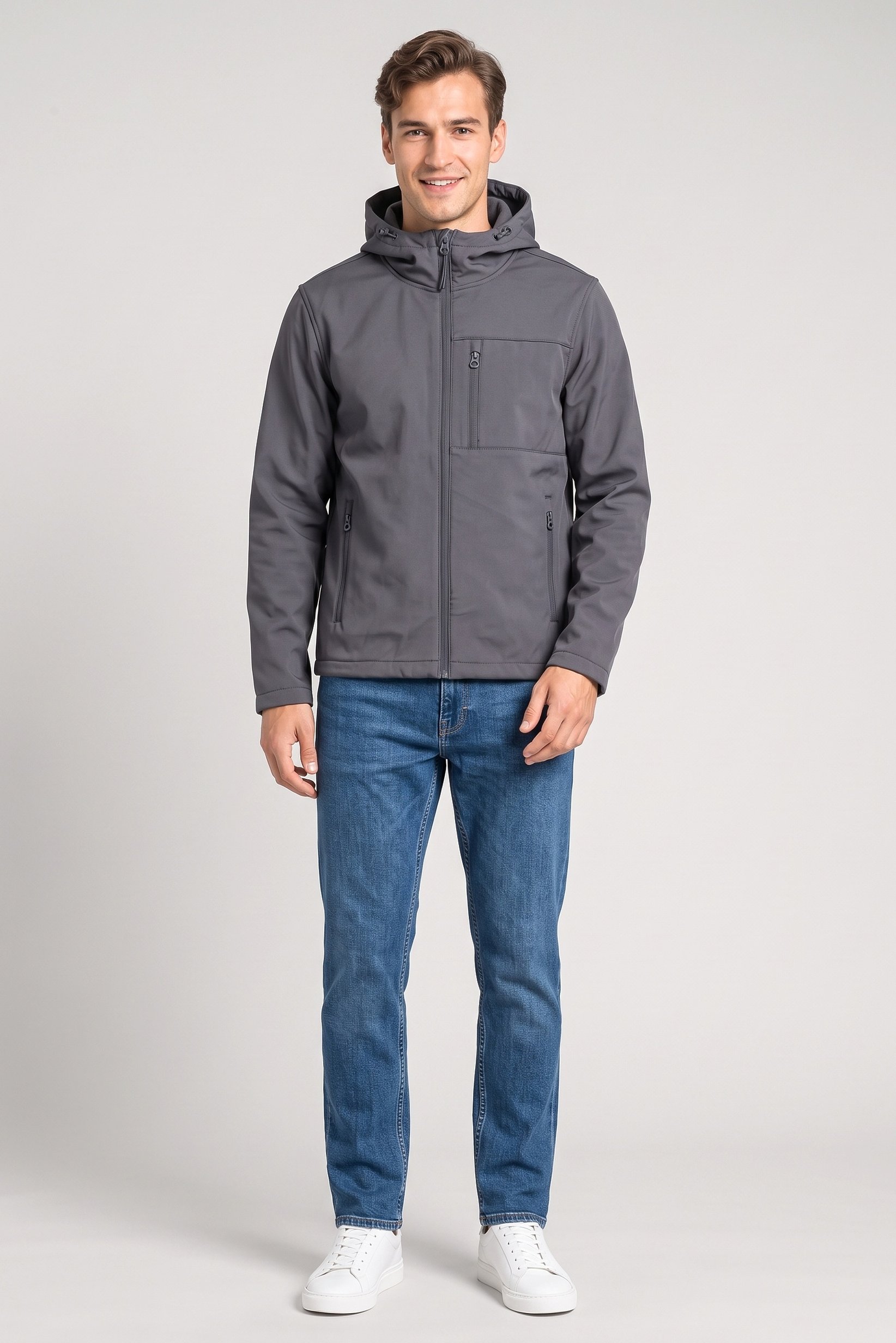 Men Long Sleeve Full Zip Hoodie, Dark Grey