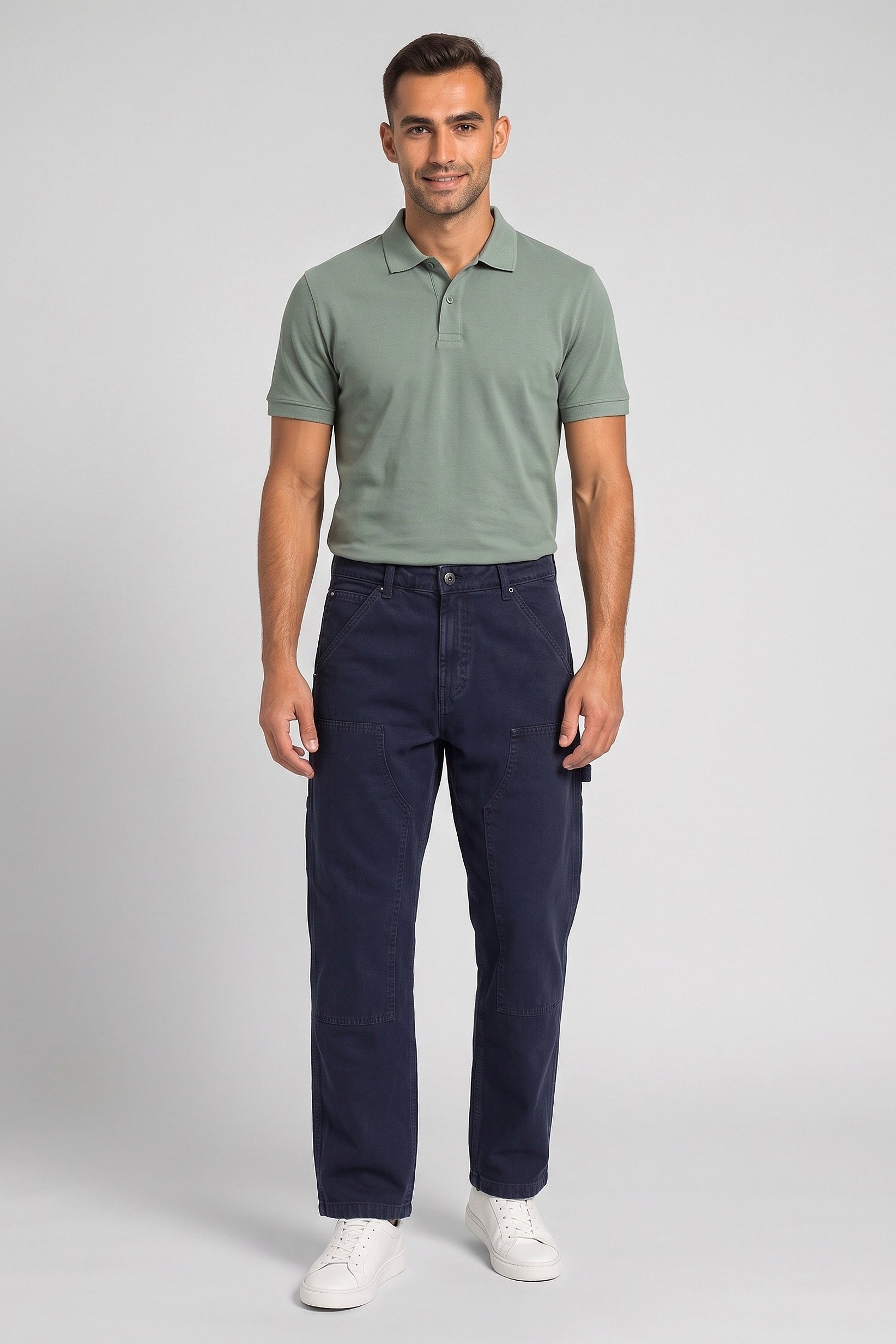 Men Baggy Fit Solid Cargo Pants, Navy Blue