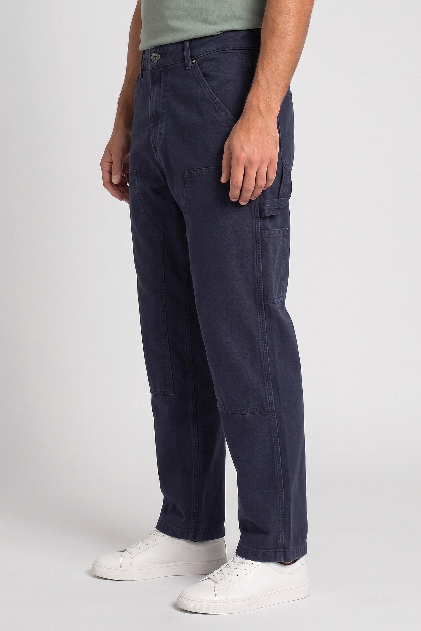 Men Baggy Fit Solid Cargo Pants, Navy Blue