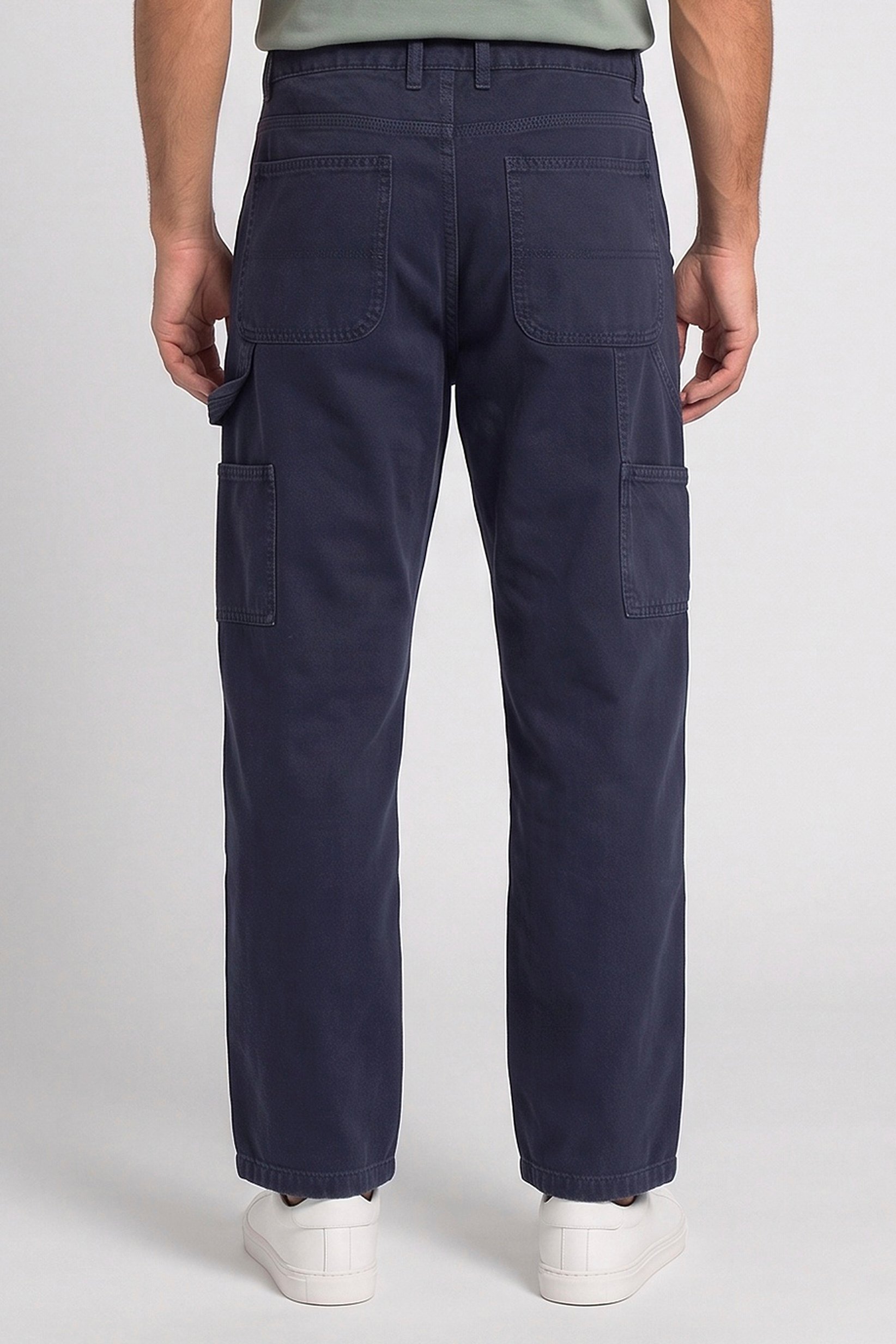 Men Baggy Fit Solid Cargo Pants, Navy Blue