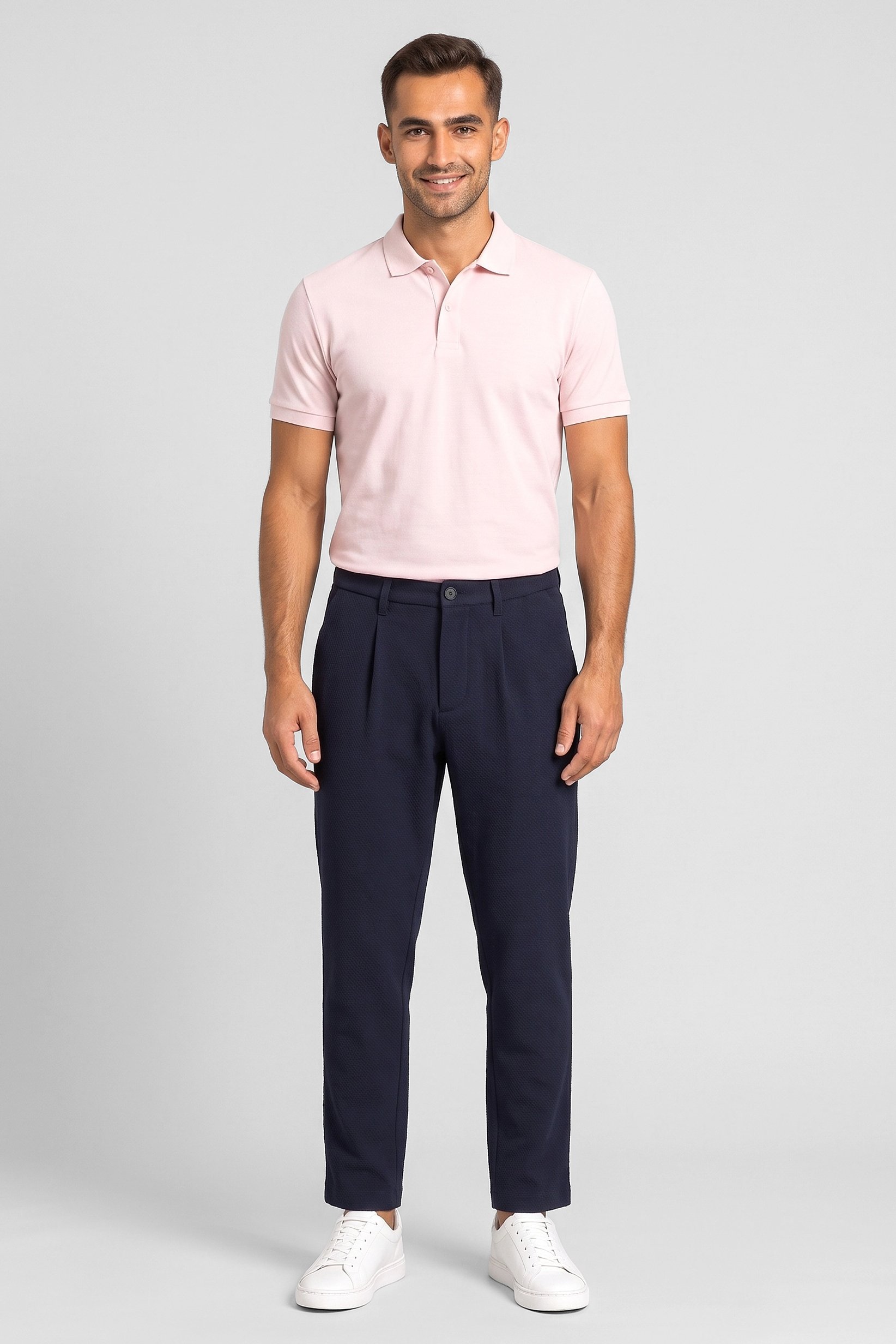 Men Slim Fit Textured Straight Leg Pants, Navy