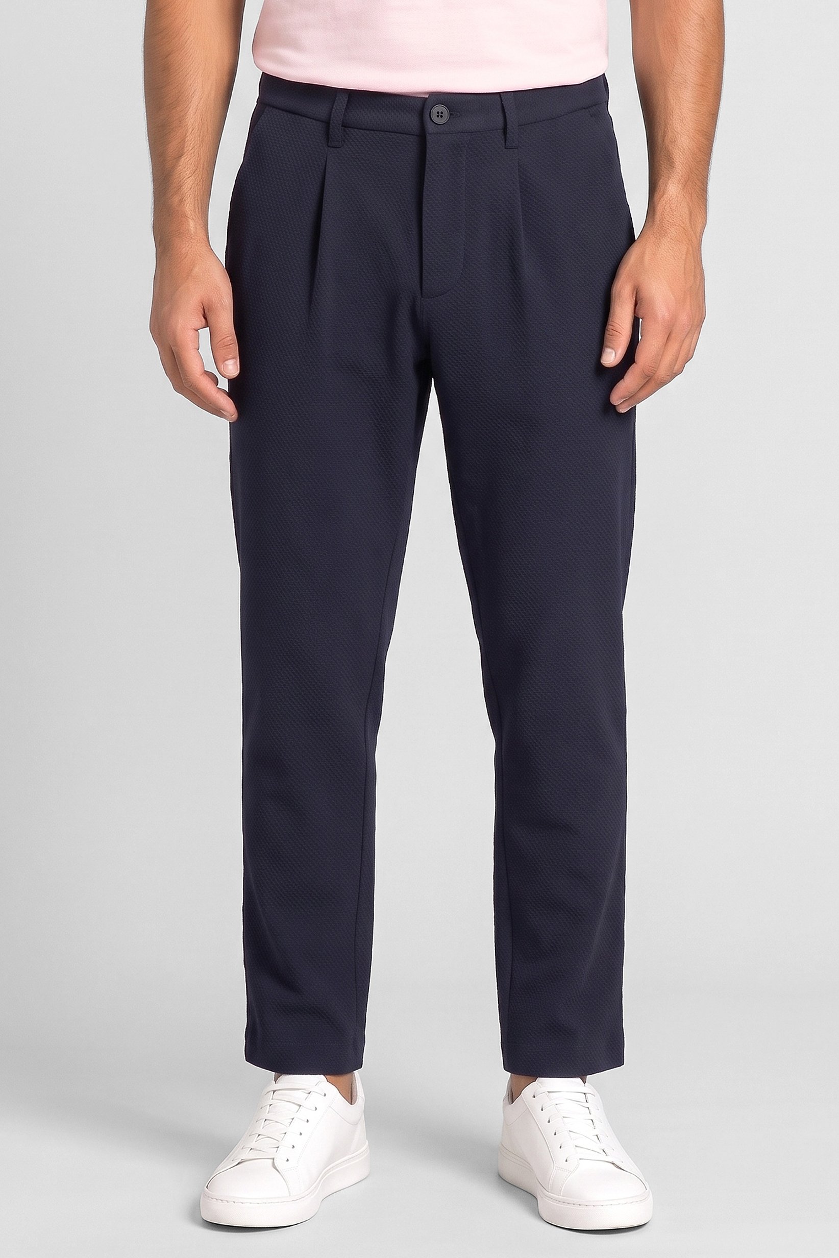 Men Slim Fit Textured Straight Leg Pants, Navy