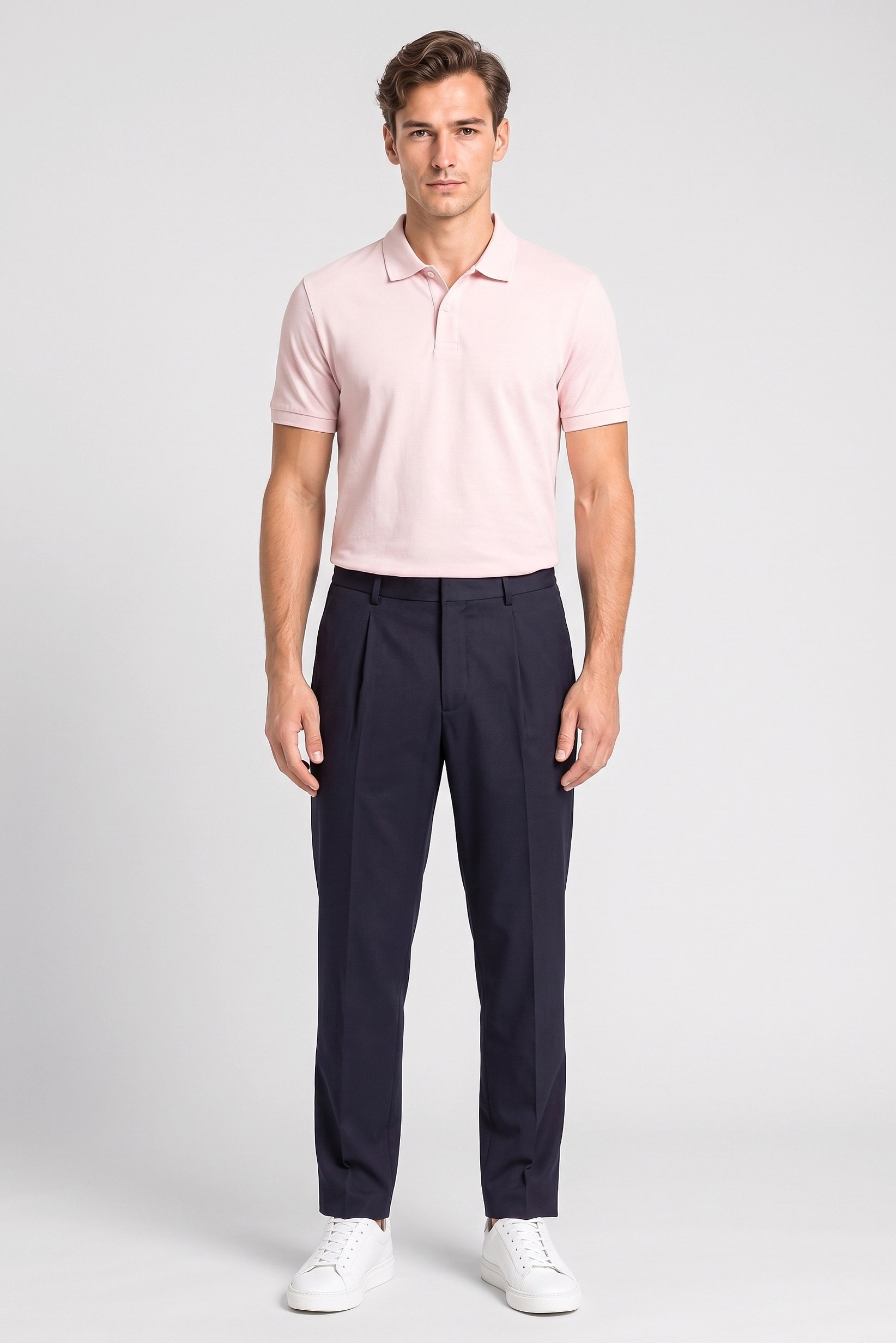 Men Regular Fit Solid Straight Leg Pants, Deep Navy