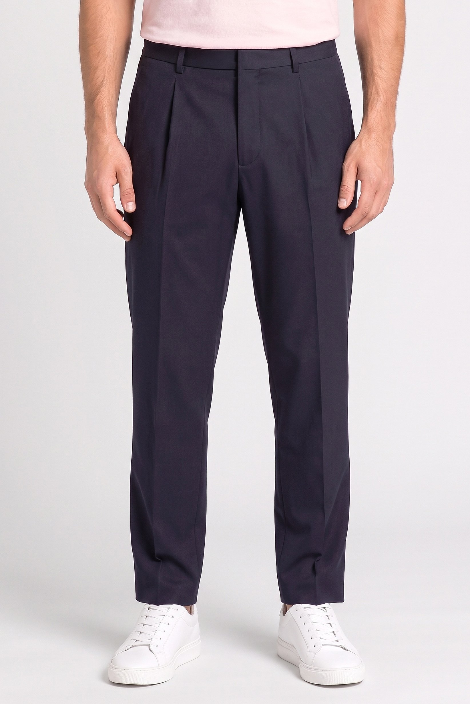 Men Regular Fit Solid Straight Leg Pants, Deep Navy