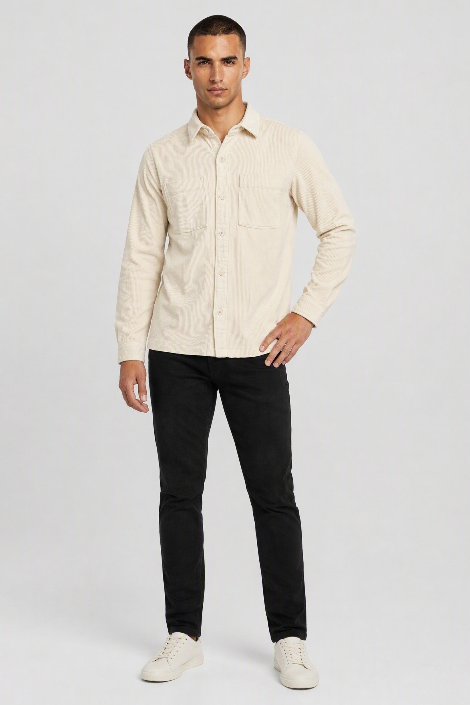 Men Regular Fit Long Sleeve Corduroy Casual Shirt, Ivory