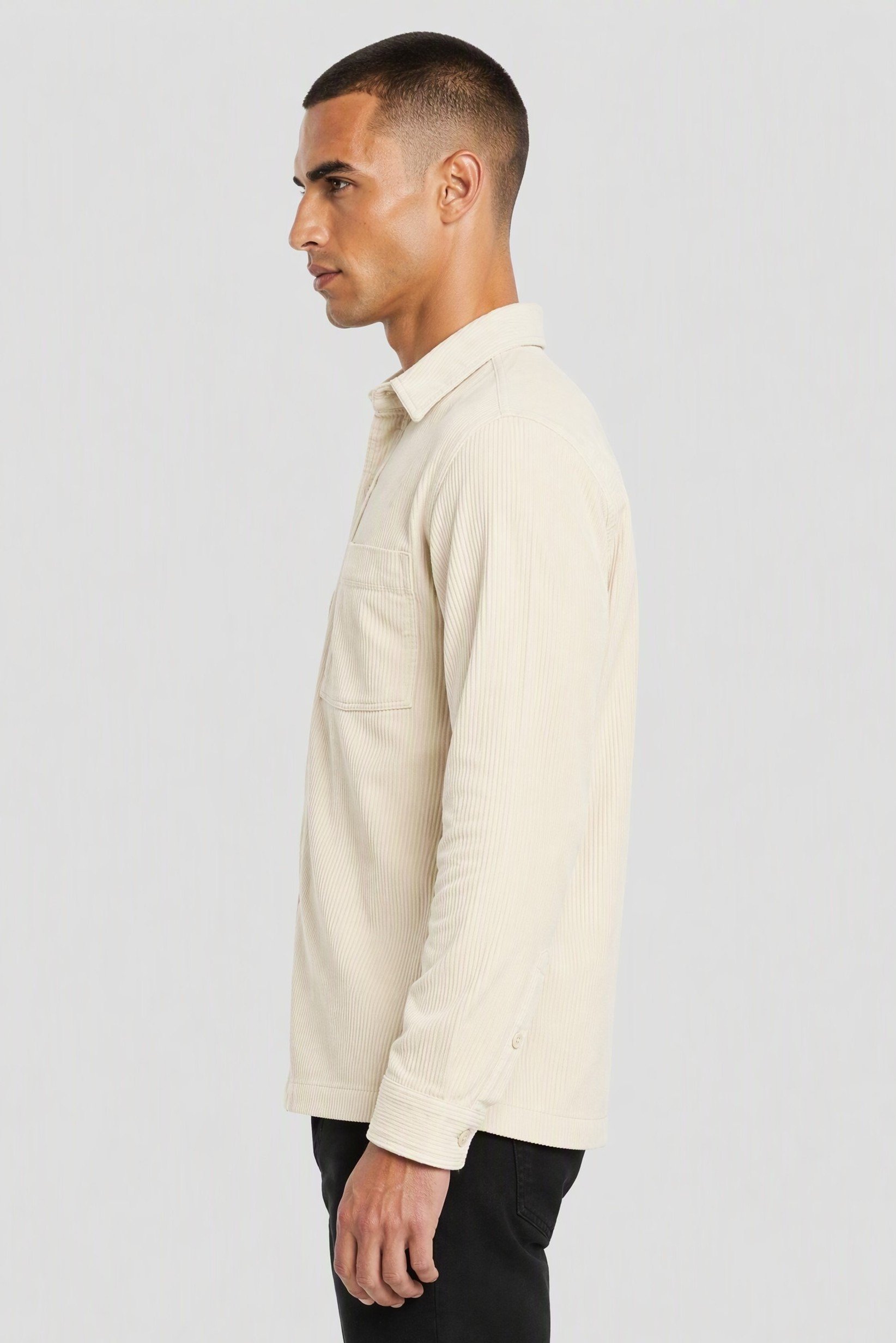 Men Regular Fit Long Sleeve Corduroy Casual Shirt, Ivory