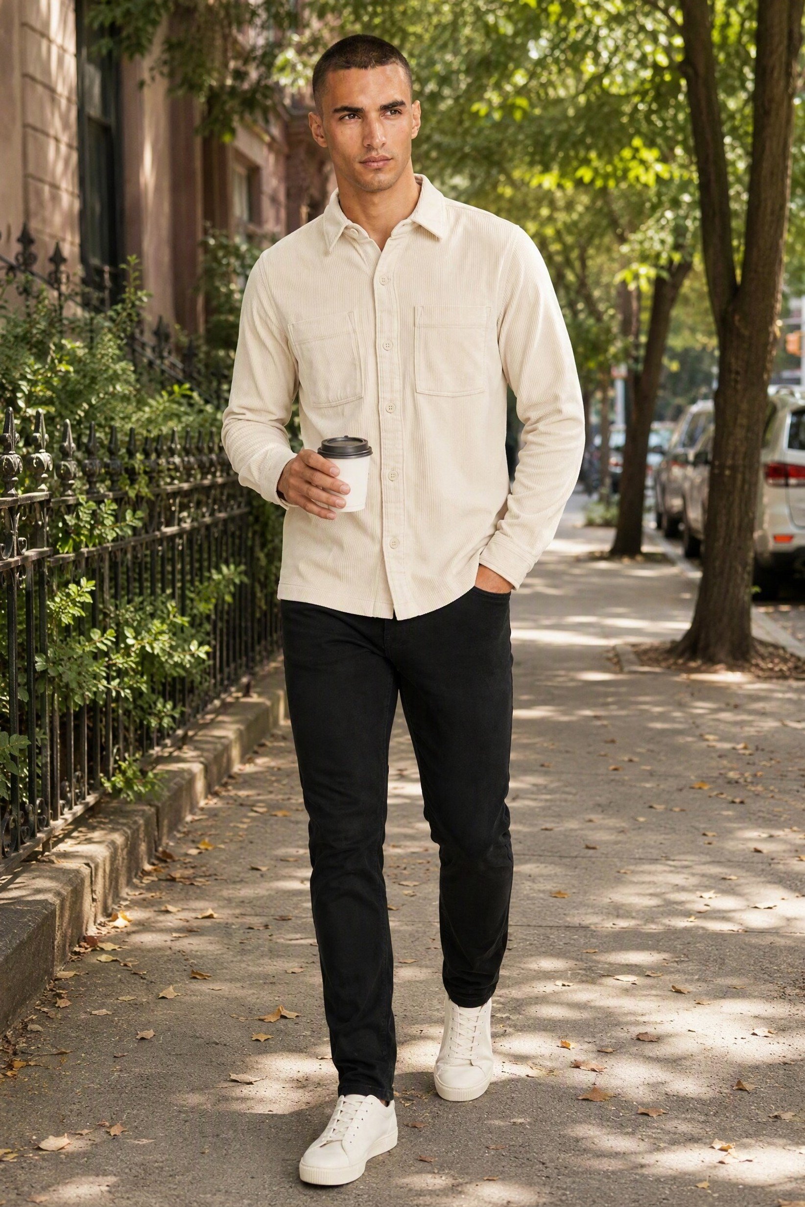 Men Regular Fit Long Sleeve Corduroy Casual Shirt, Ivory