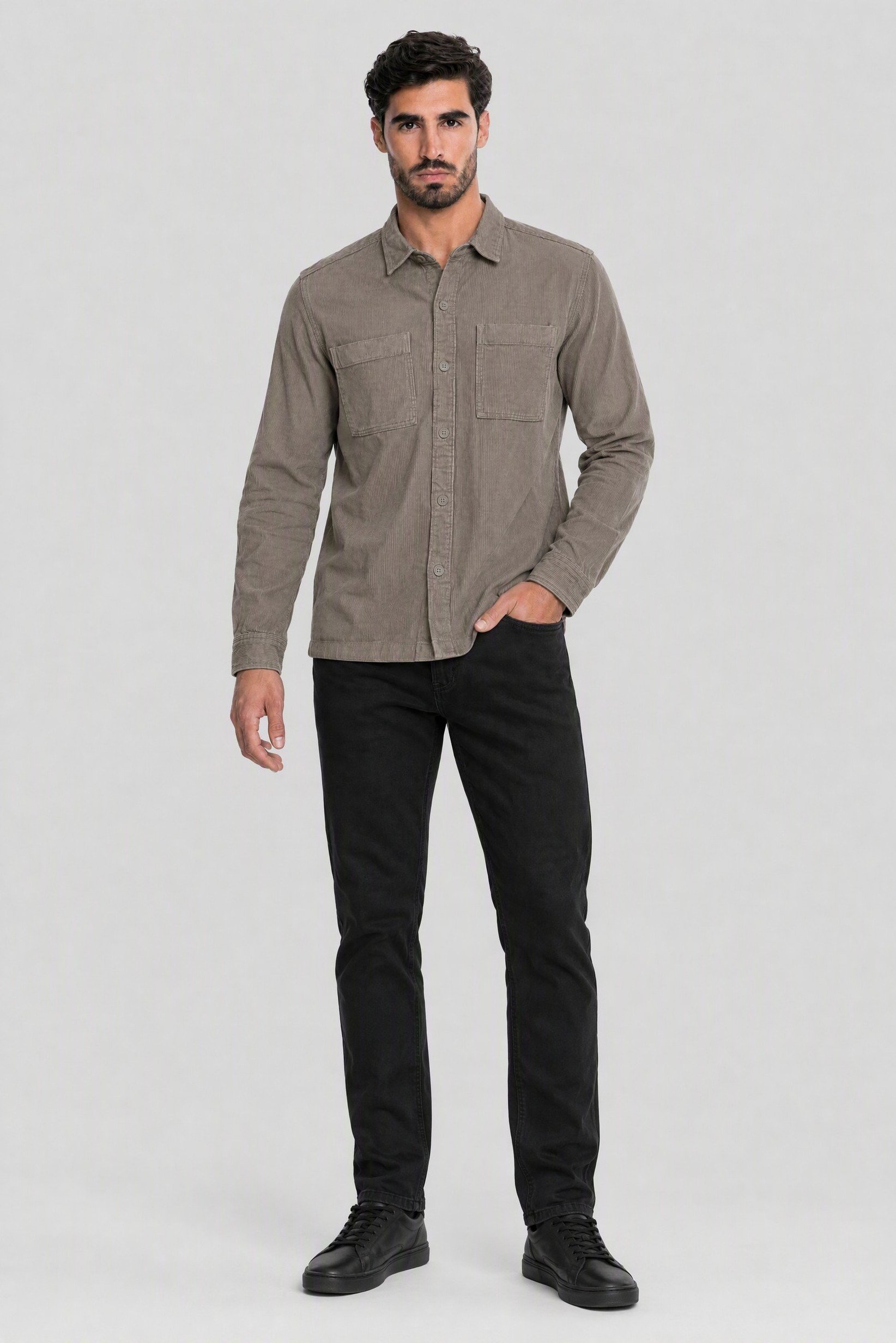 Men Regular Fit Long Sleeve Corduroy Casual Shirt, Grey