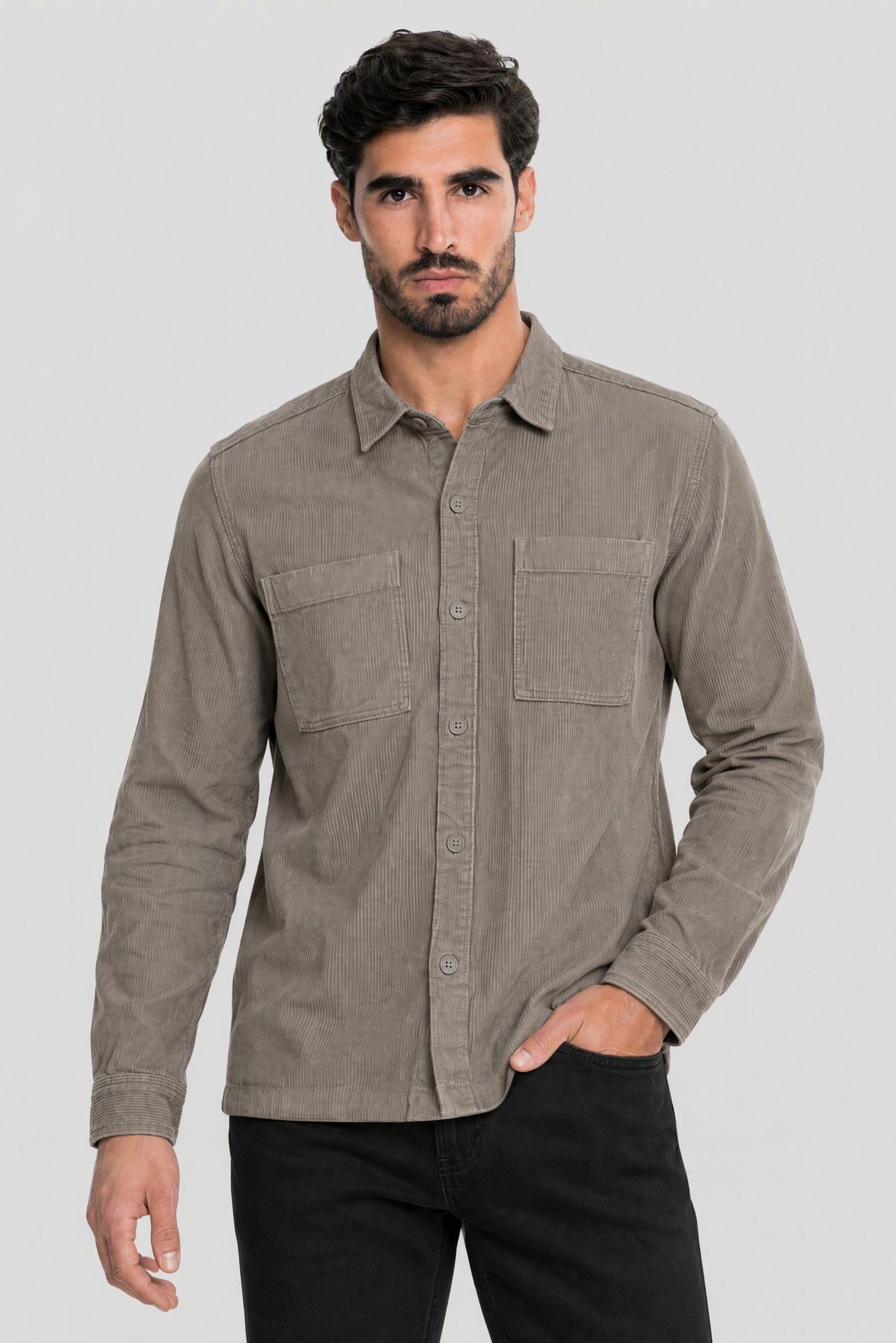 Men Regular Fit Long Sleeve Corduroy Casual Shirt, Grey