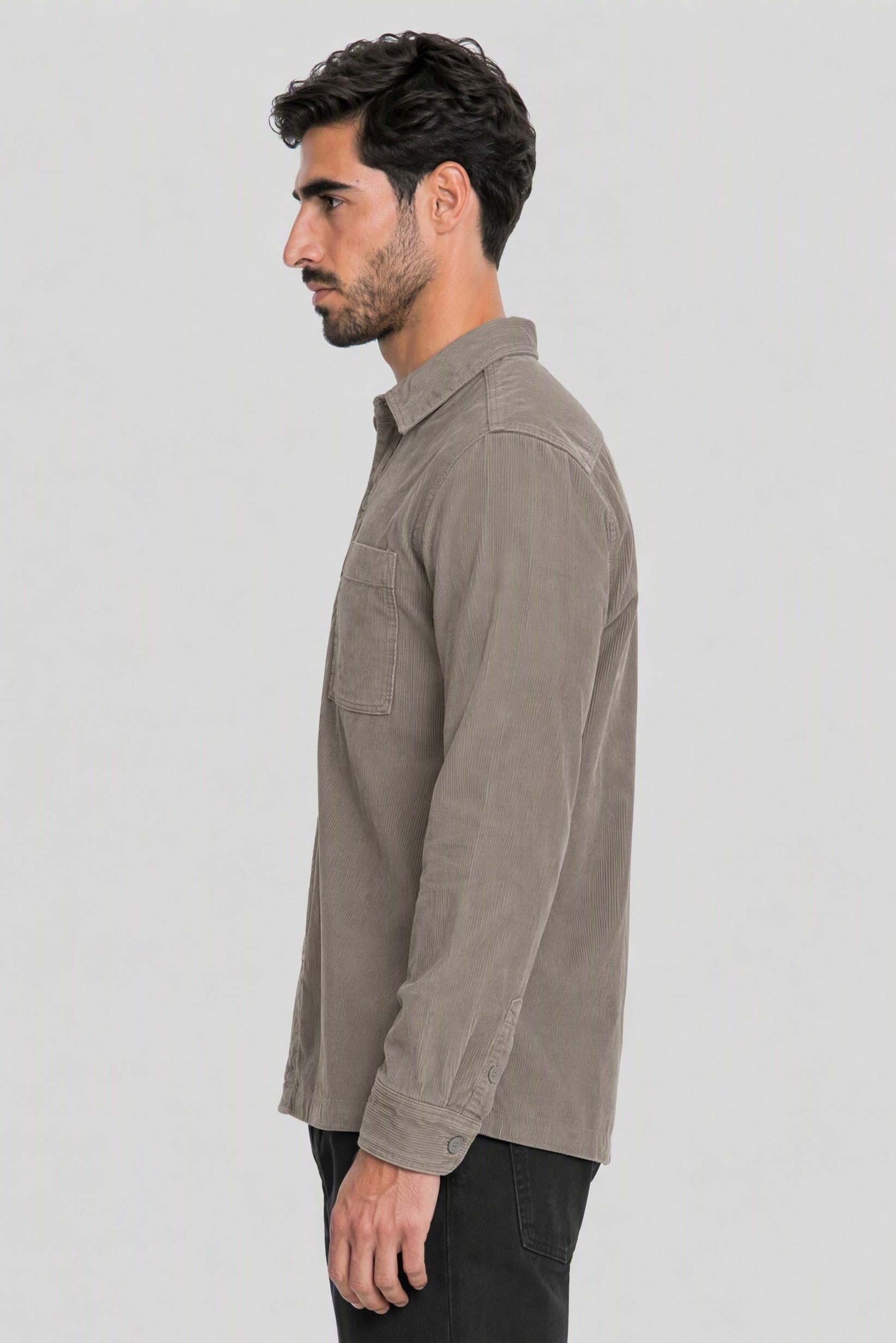 Men Regular Fit Long Sleeve Corduroy Casual Shirt, Grey
