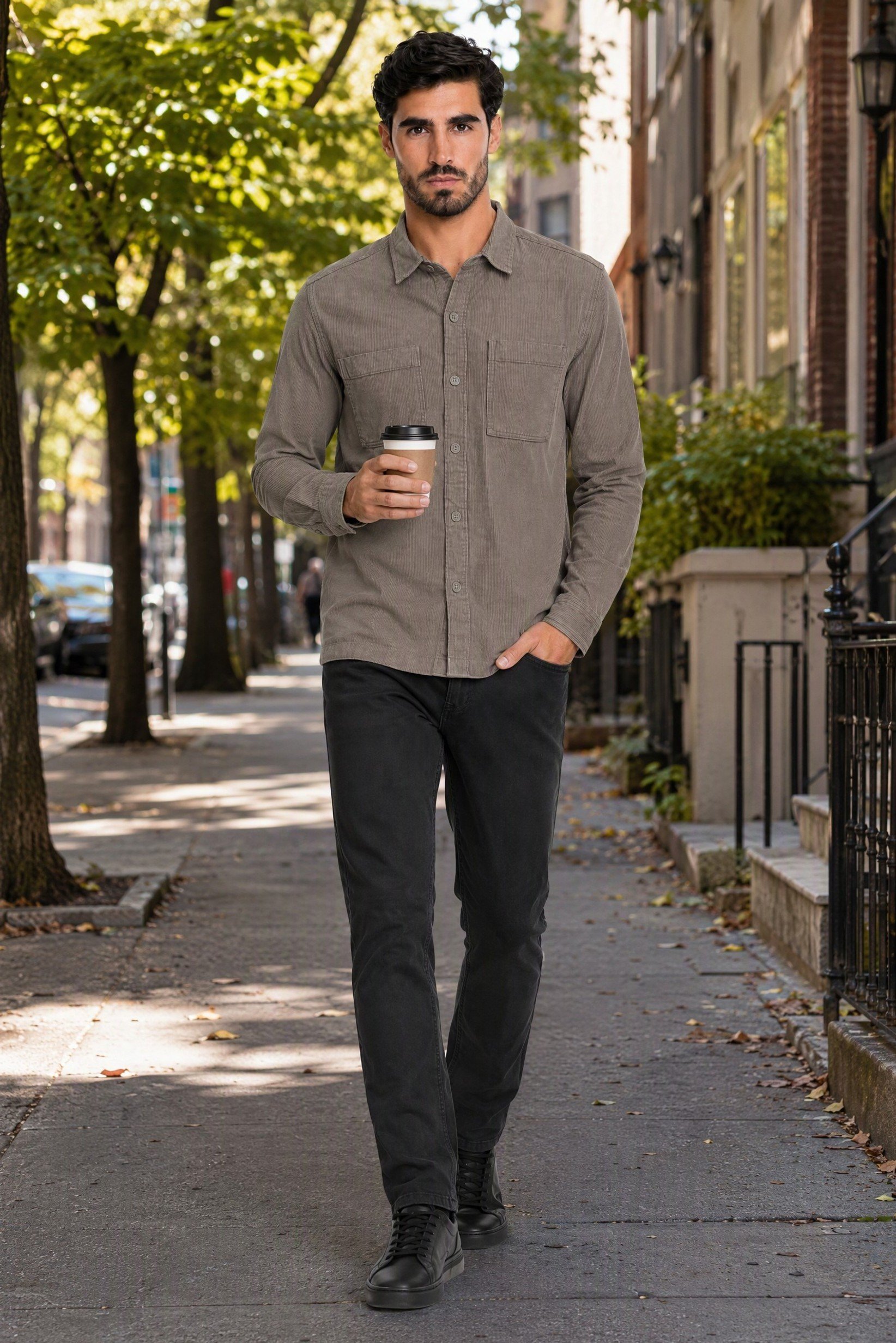 Men Regular Fit Long Sleeve Corduroy Casual Shirt, Grey