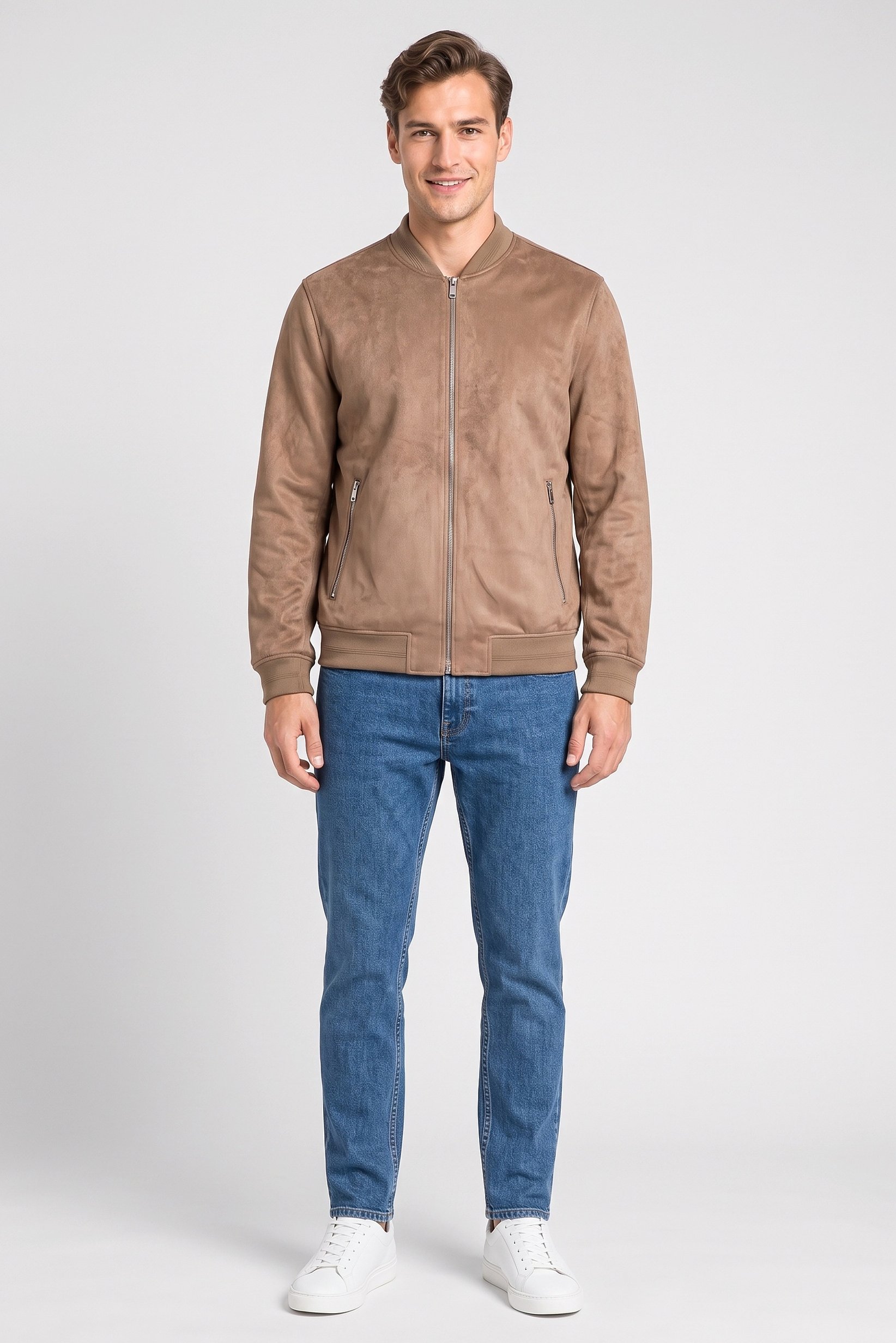Men Solid Bomber Jacket, Light Brown