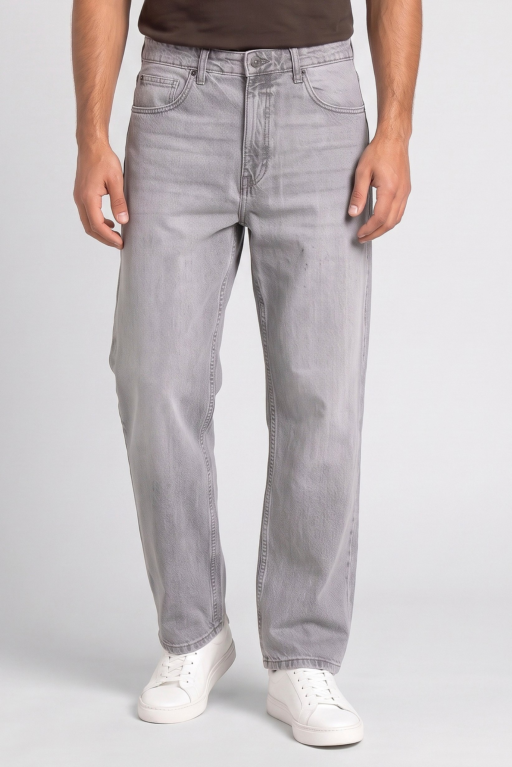 Men Baggy Fit Solid Non Stretchable Denim Jeans, Washed Grey