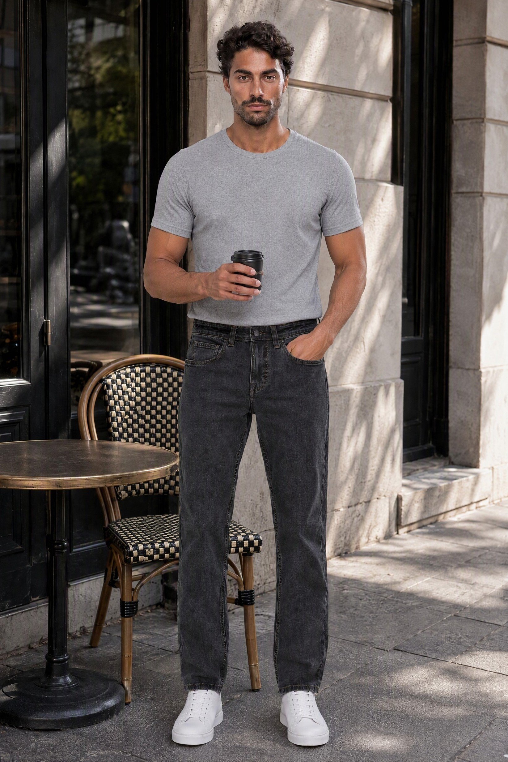 Men Straight Leg Washed Stretchable Jeans, Blue