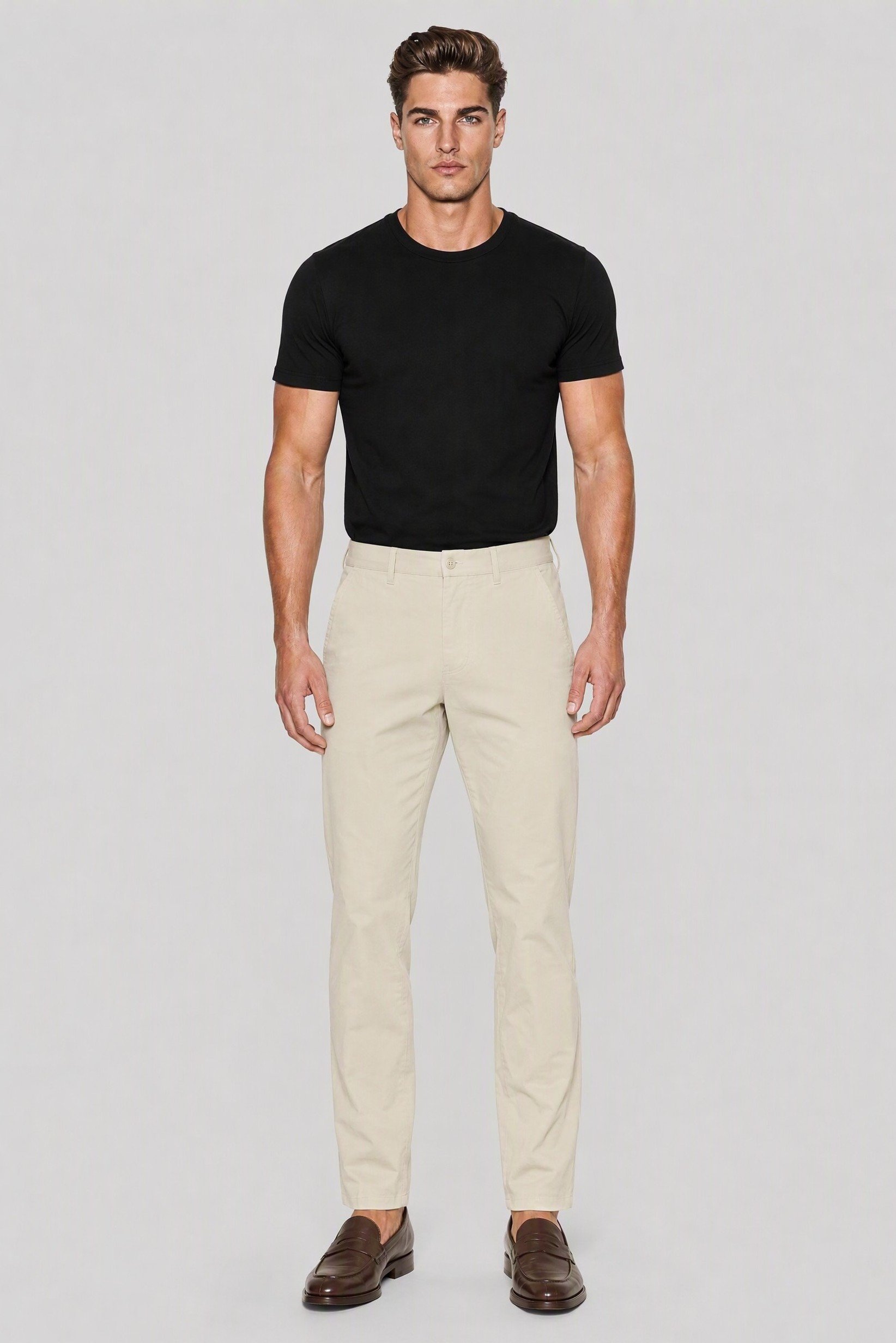 Men Regular Fit Solid Straight Leg Pants, Cream