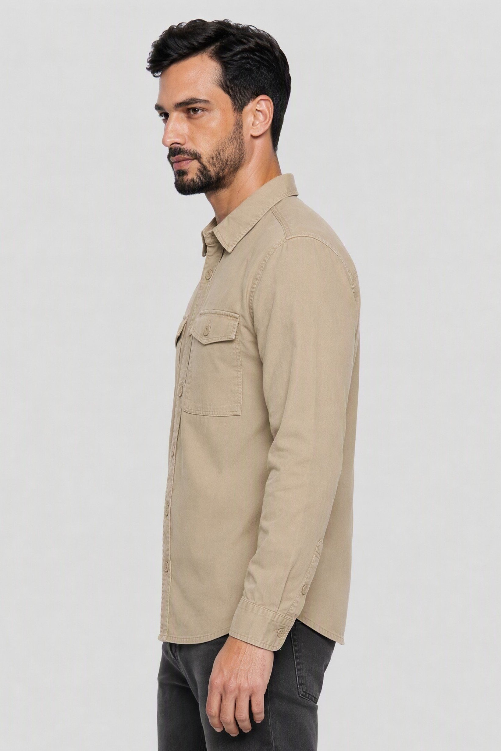 Men Regular Fit Long Sleeve Solid Casual Shirt, Beige