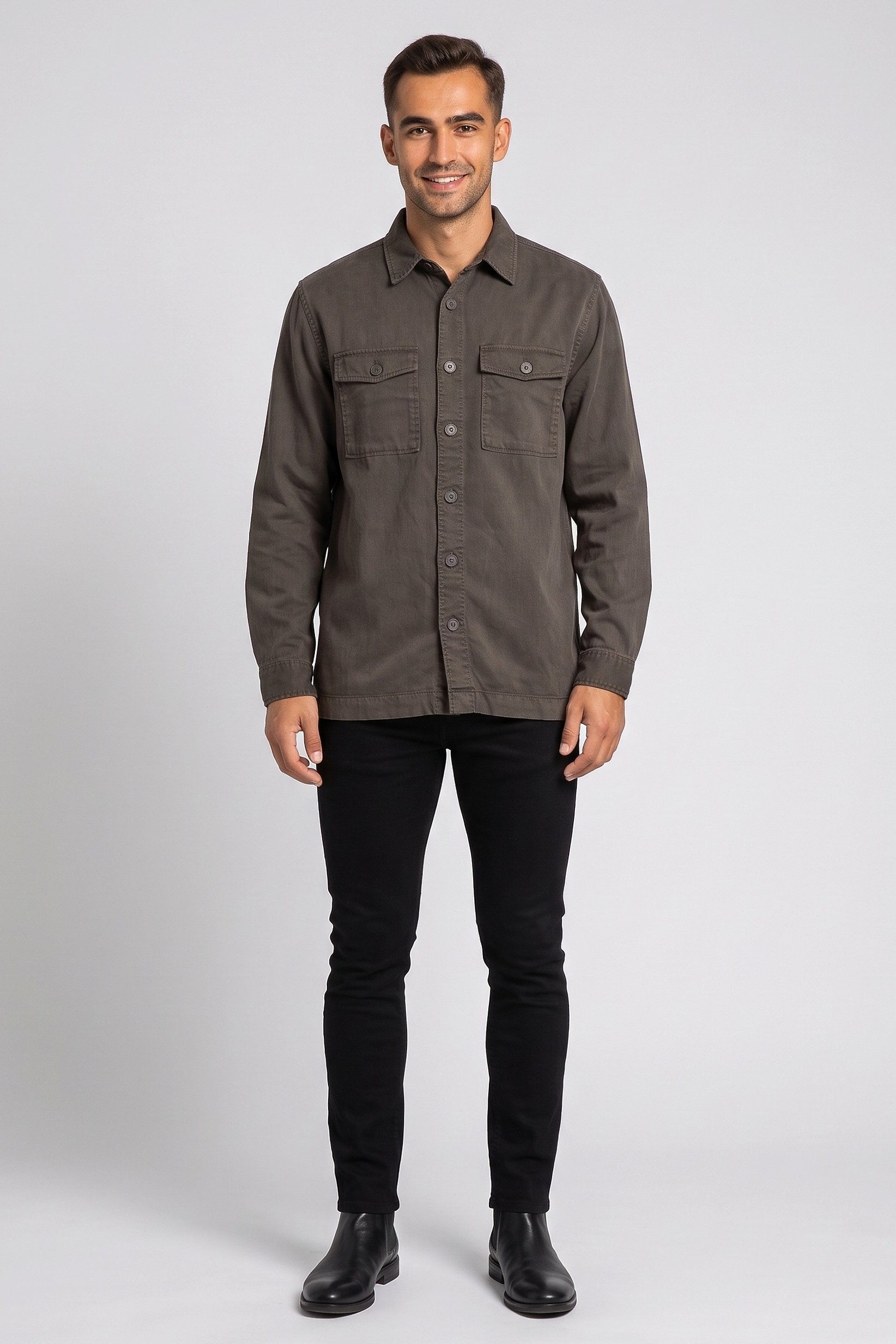 Men Regular Fit Long Sleeve Solid Casual Shirt, Dark Olive