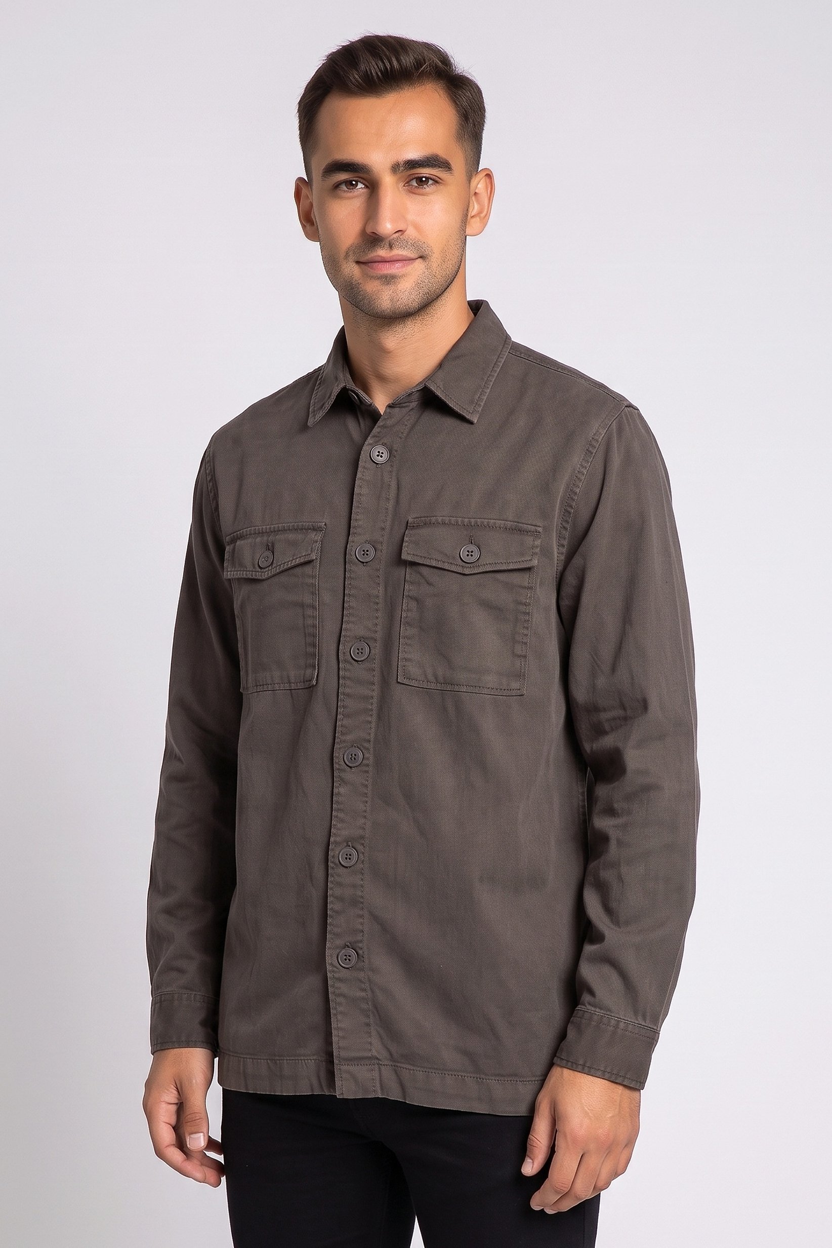 Men Regular Fit Long Sleeve Solid Casual Shirt, Dark Olive