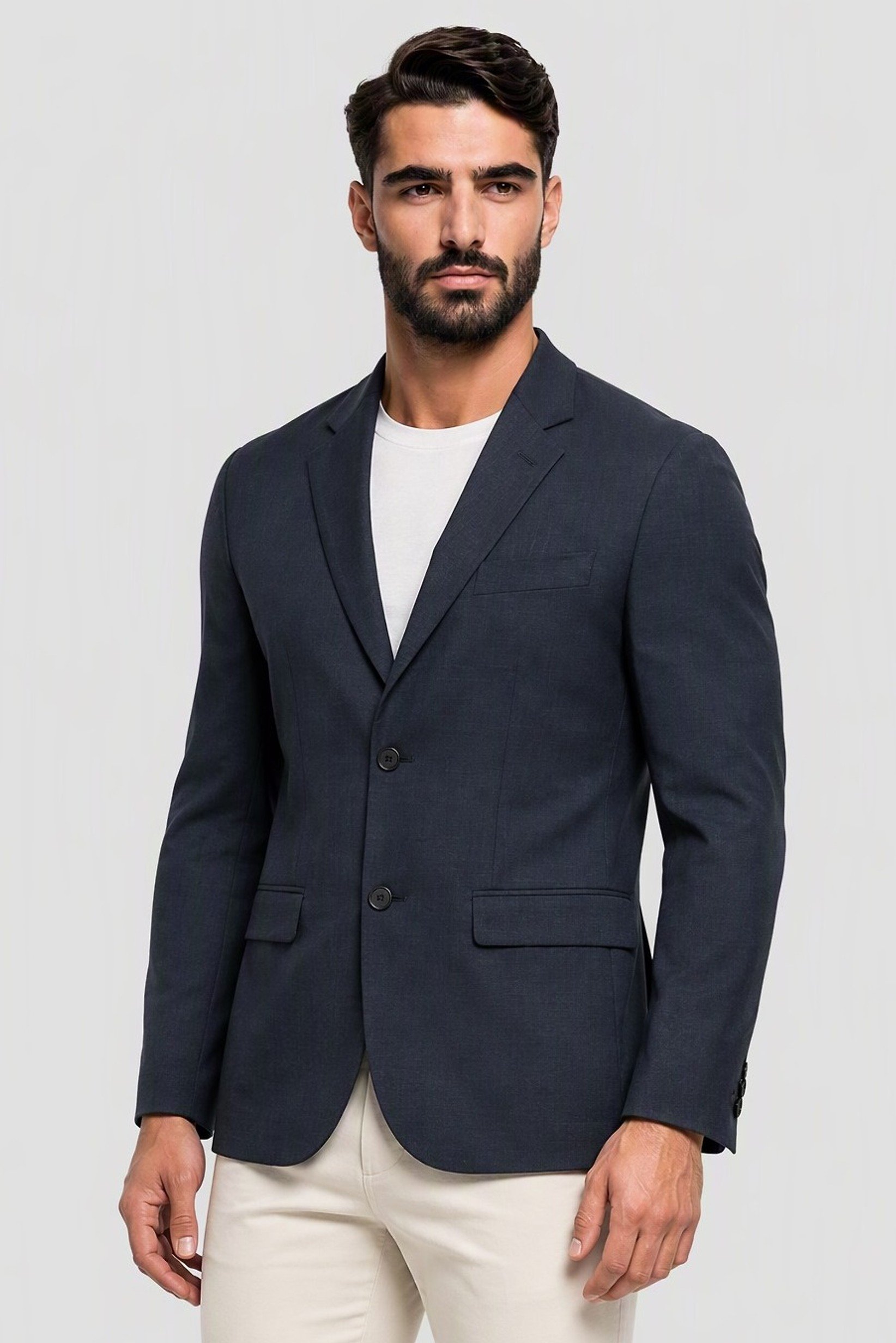 Men Slim Fit Chambray Casual Blazer, Navy