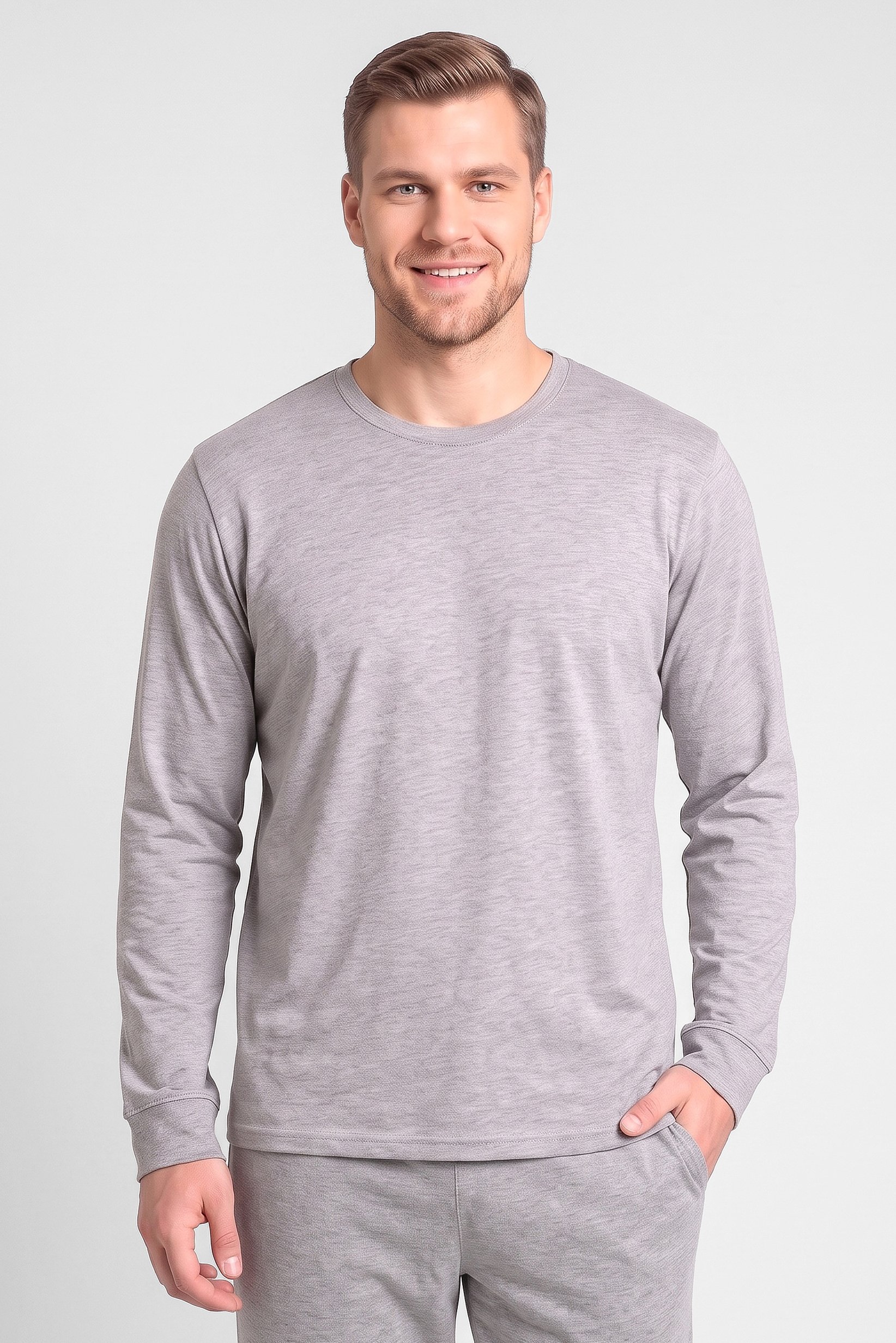 Men 2 Pieces Heather Long Sleeve T-Shirt And Pants Pajama Set, Light Grey